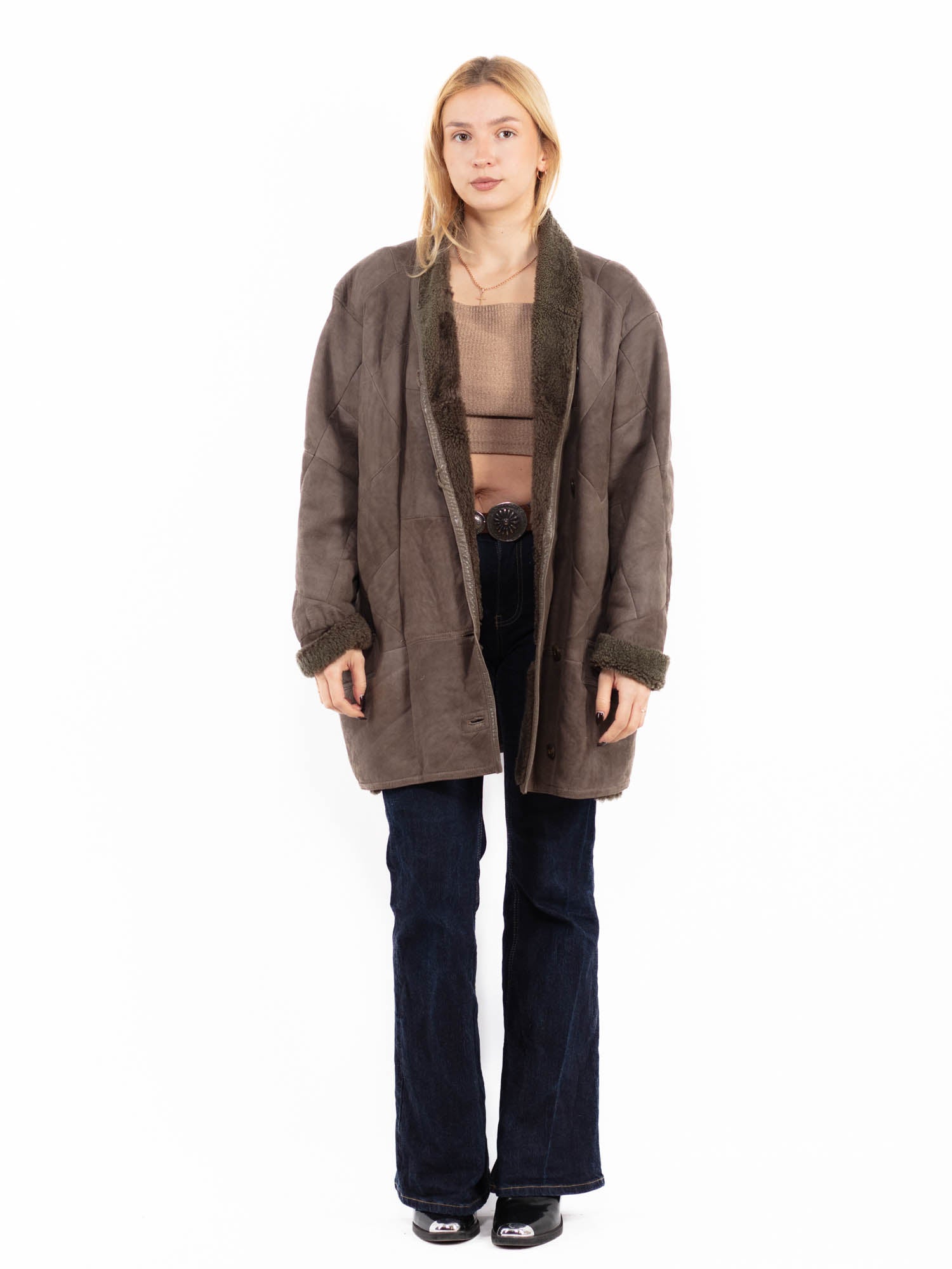 Vintage 90's Women Sheepskin Coat in Gray Brown by Northern Grip