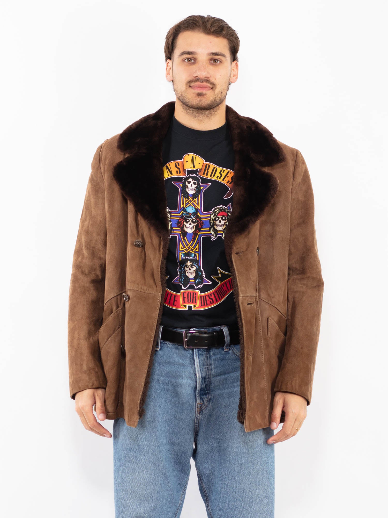 Vintage 70's Men Suede Sherpa Coat in Brown by Northern Grip