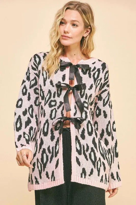 LEOPARD RIBBON TIE LOOSE FIT CARDIGAN by RAËLIV
