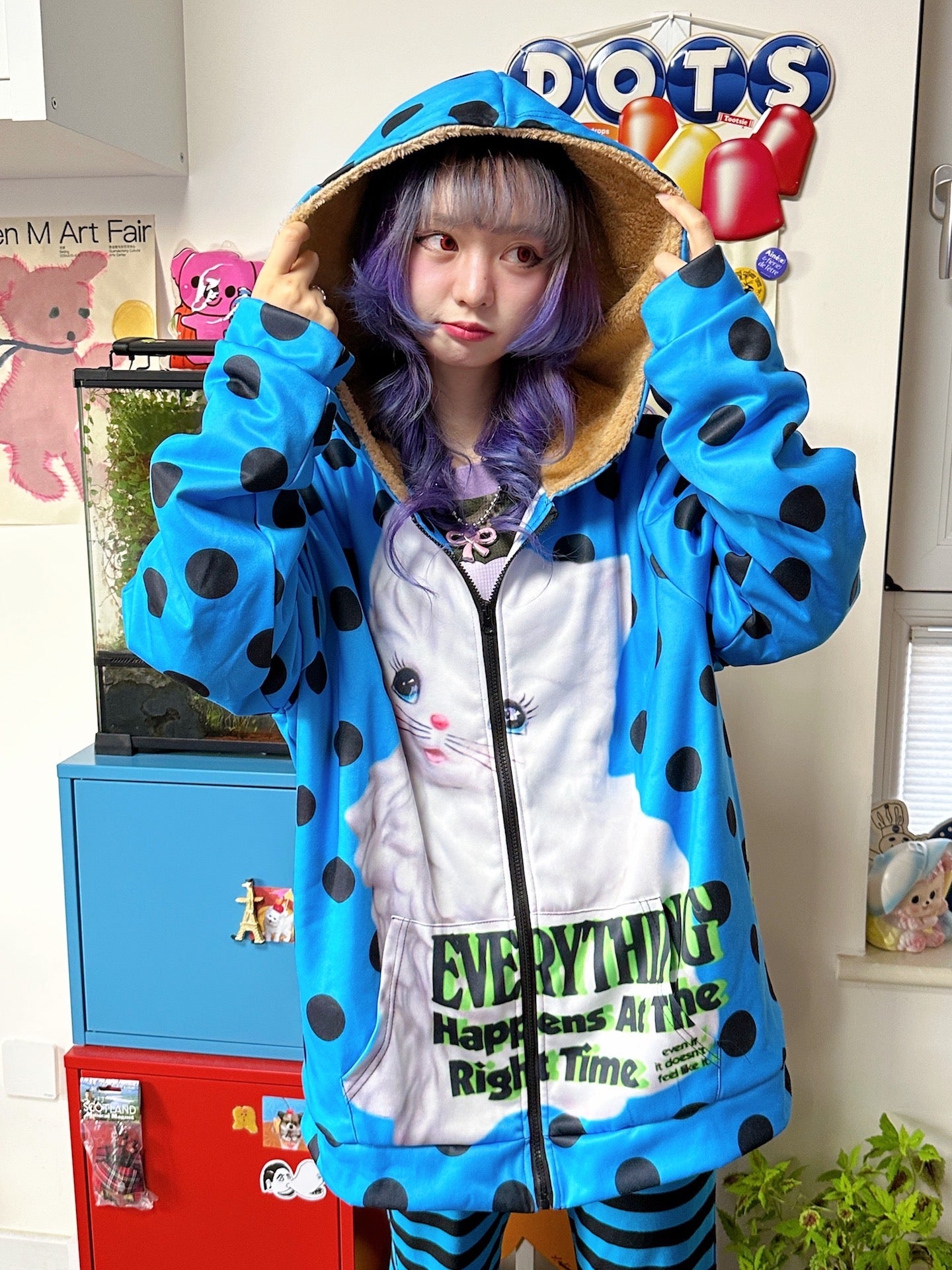 BunnyBunnyGun Harajuku Polka Dot Oversized Fleece Zip Hoodie | Kawaii Winter Streetwear by Land Decora