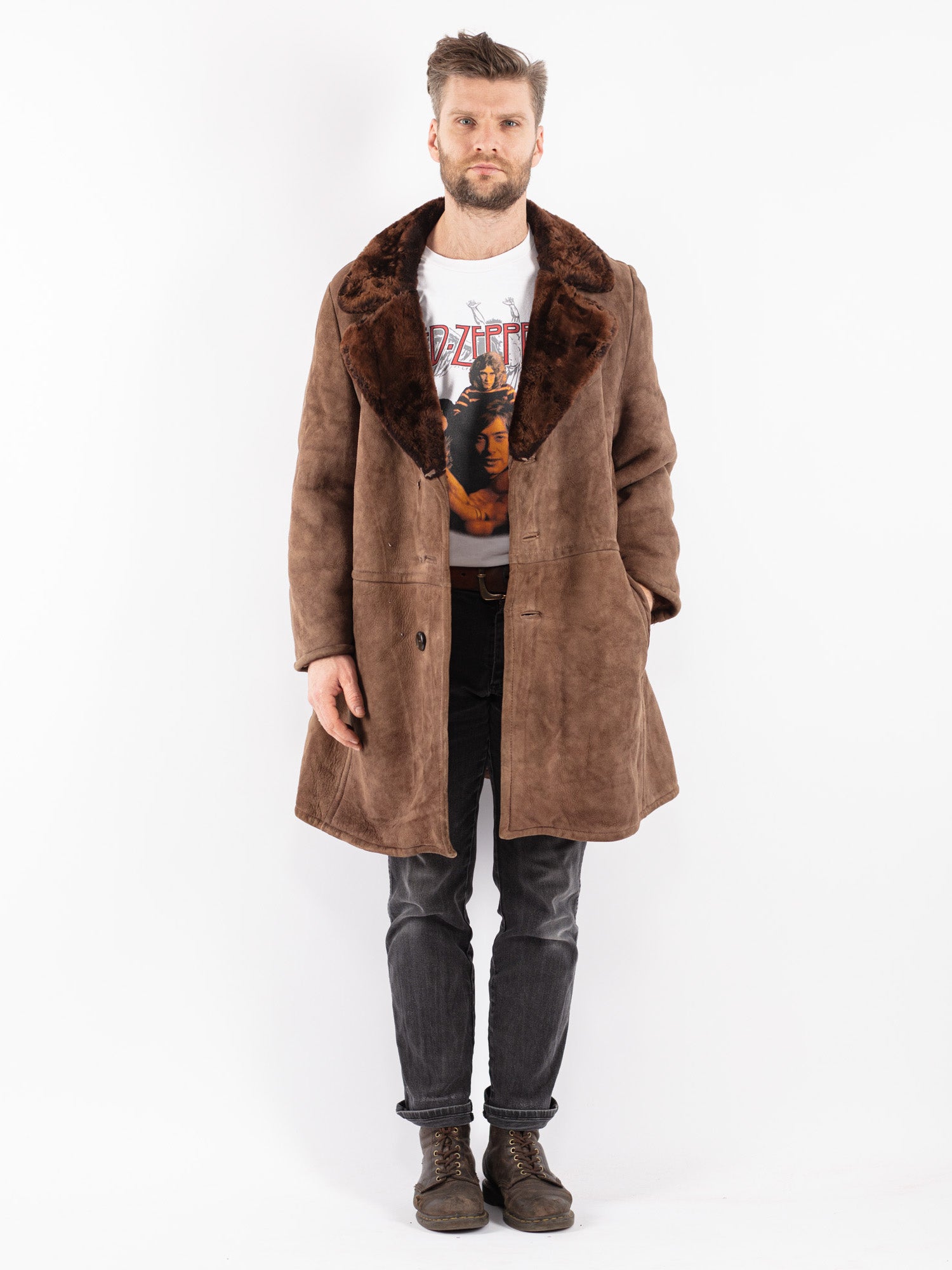 Vintage 70's Men Sheepskin Coat in Brown by Northern Grip