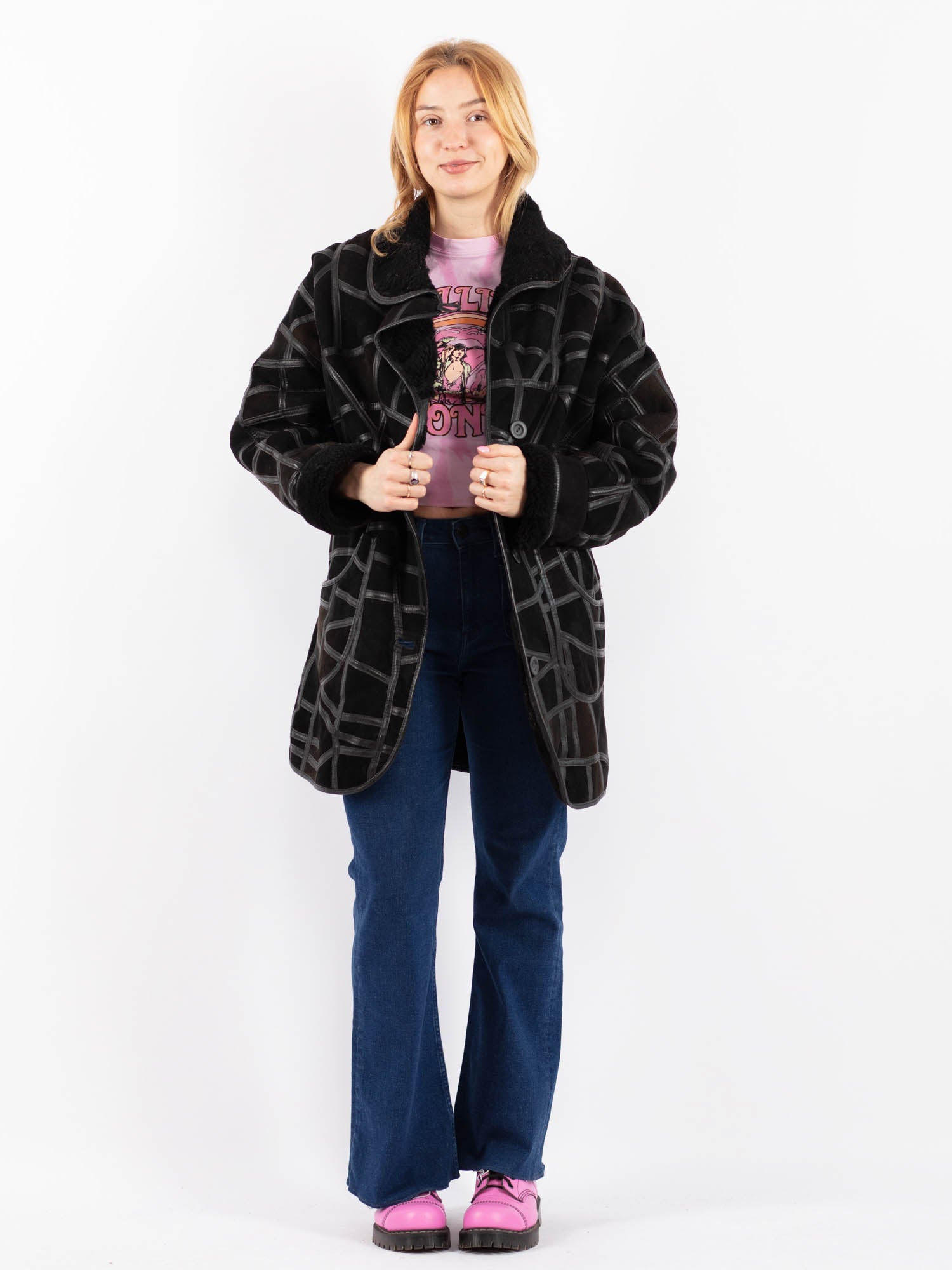 Vintage 90's Women Sheepskin Coat in Black by Northern Grip