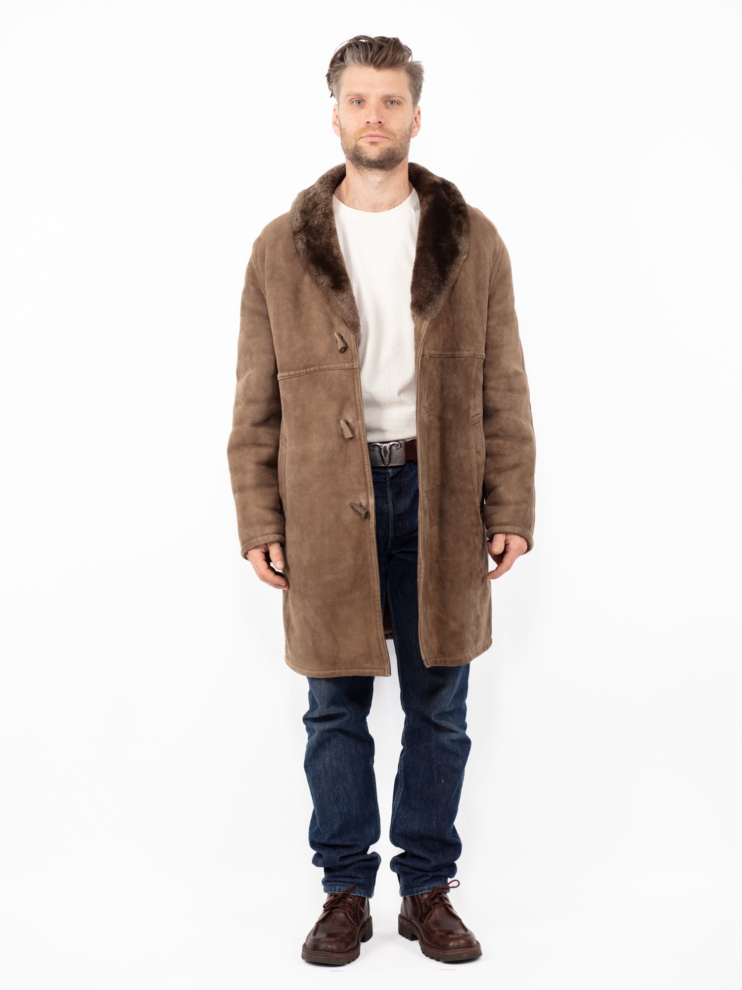 Vintage 70's Men Sheepskin Coat in Dark Beige by Northern Grip