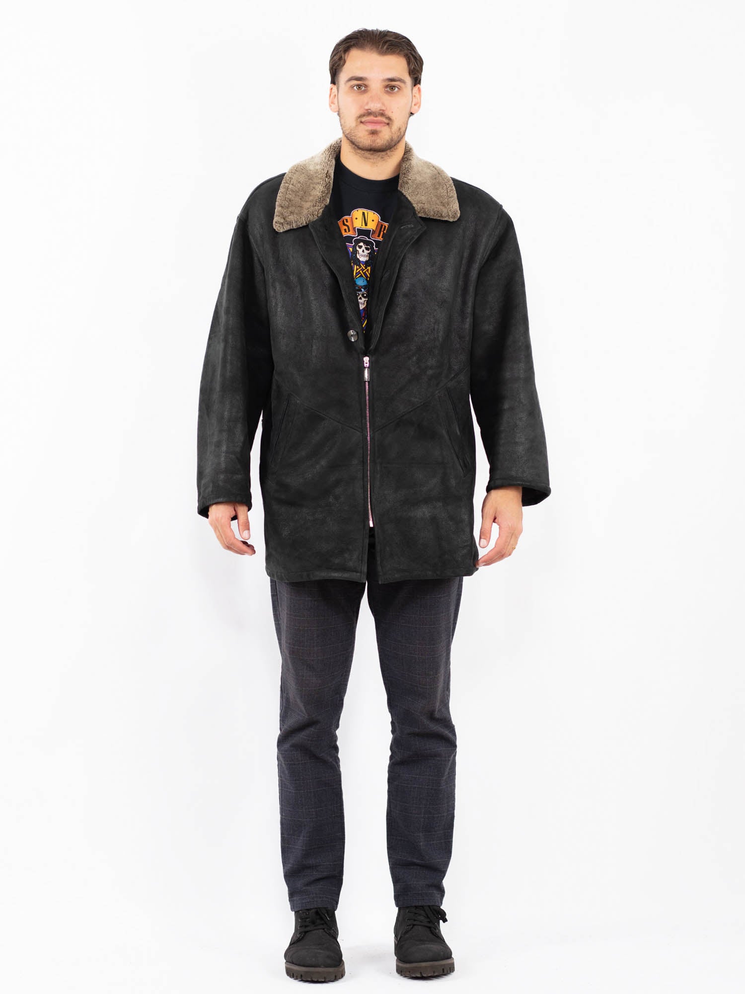 Vintage 90's Men Sheepskin Coat in Black by Northern Grip