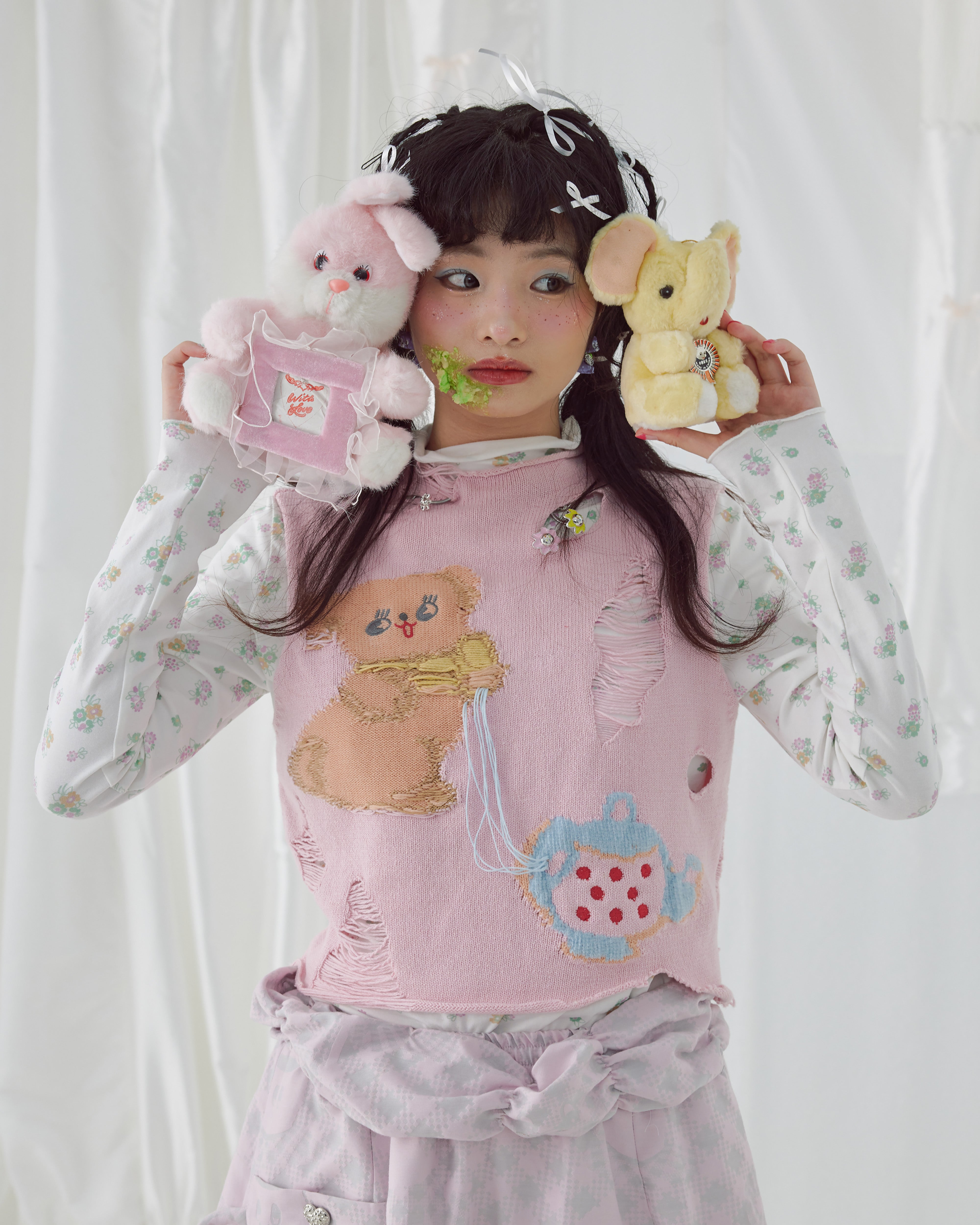 Harajuku Vest Cute Dog Teapot Embroidered Ripped Knit Vest - HELPHELP by Land Decora