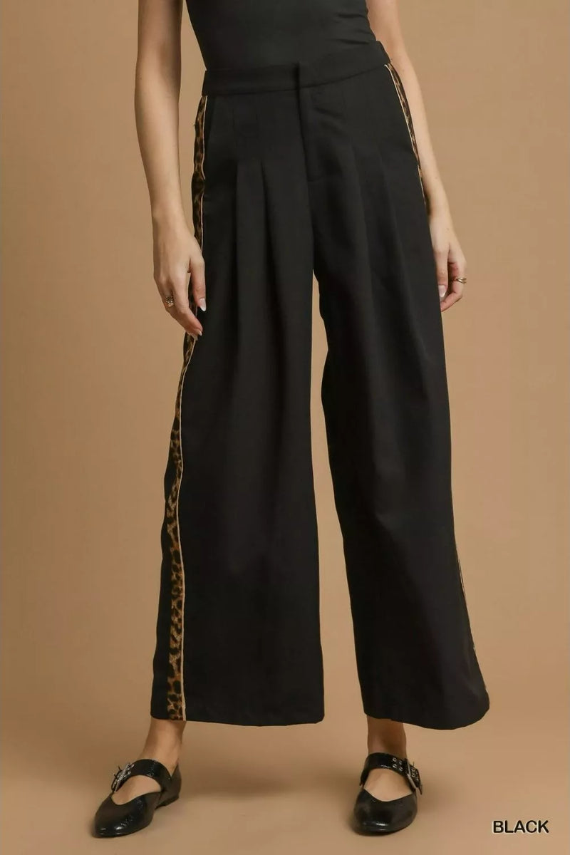 Umgee Front Pleated Wide-Leg Pants with Contrast Trim by RAËLIV