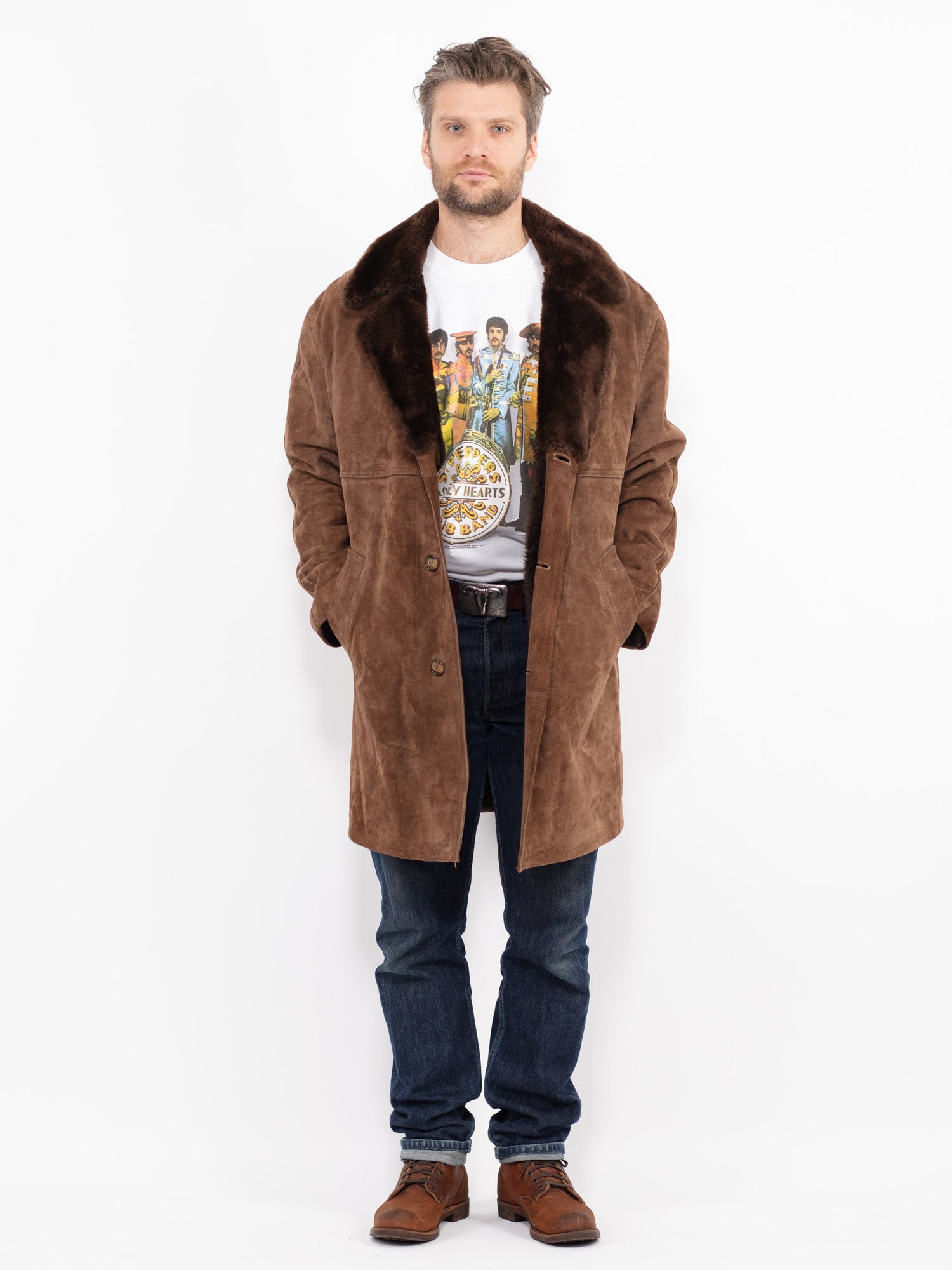 Vintage 70's Men Suede Sherpa Coat in Brown by Northern Grip