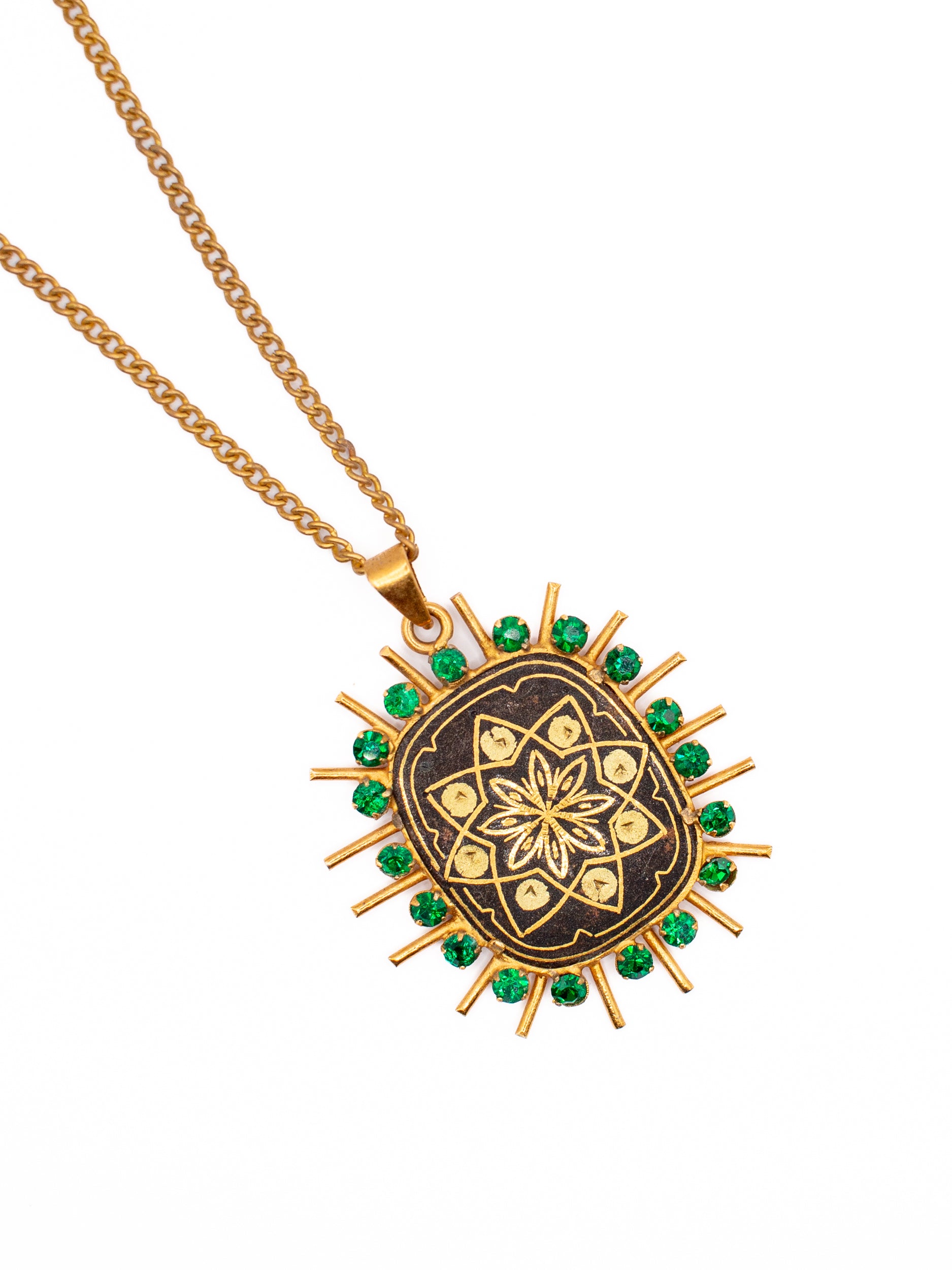 Vintage 60's Gold Tone Green Rhinestone Pendant Necklace by Northern Grip