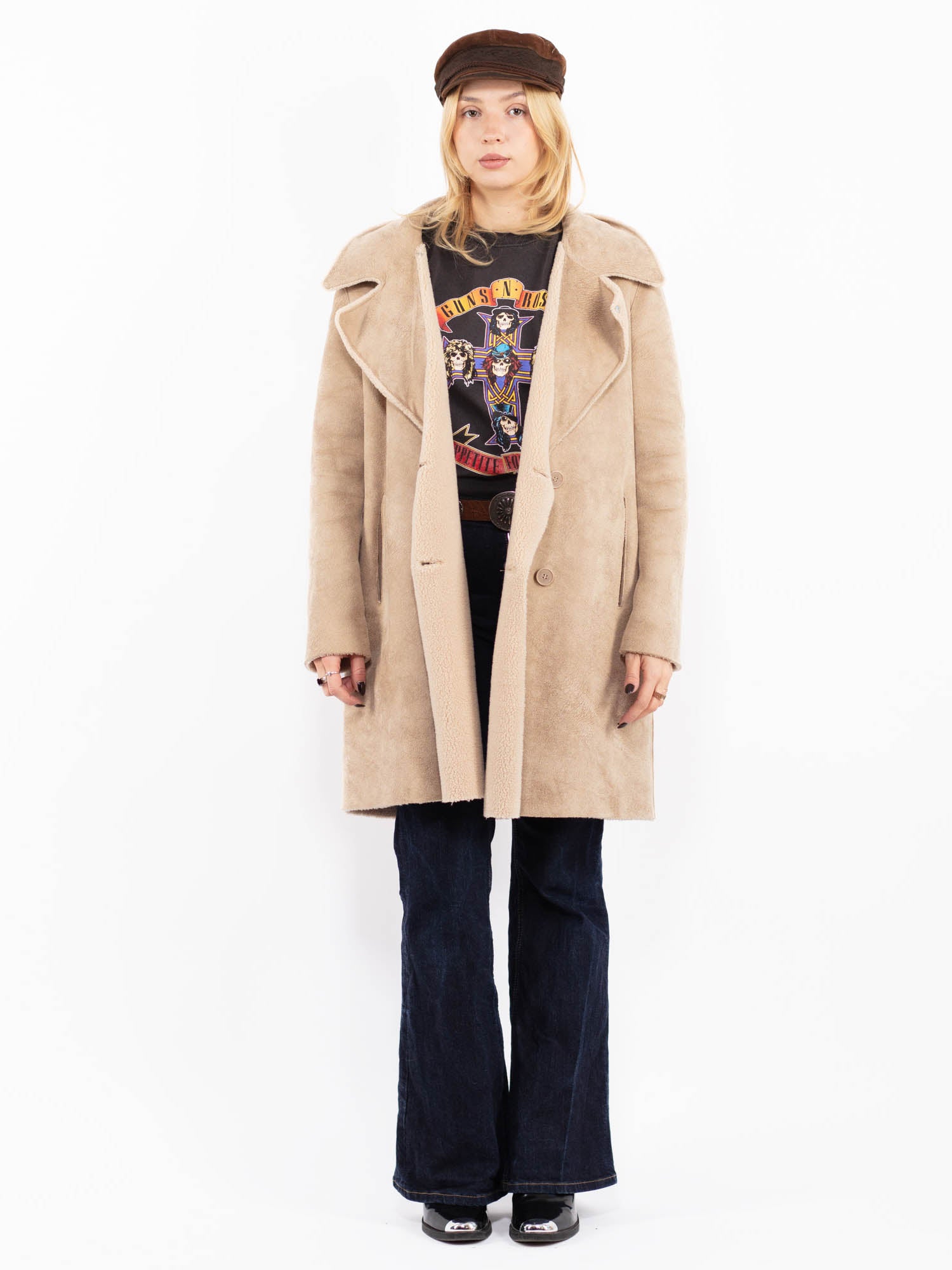 Vintage 90's Women Reversible Faux Sheepskin Coat in Beige by Northern Grip