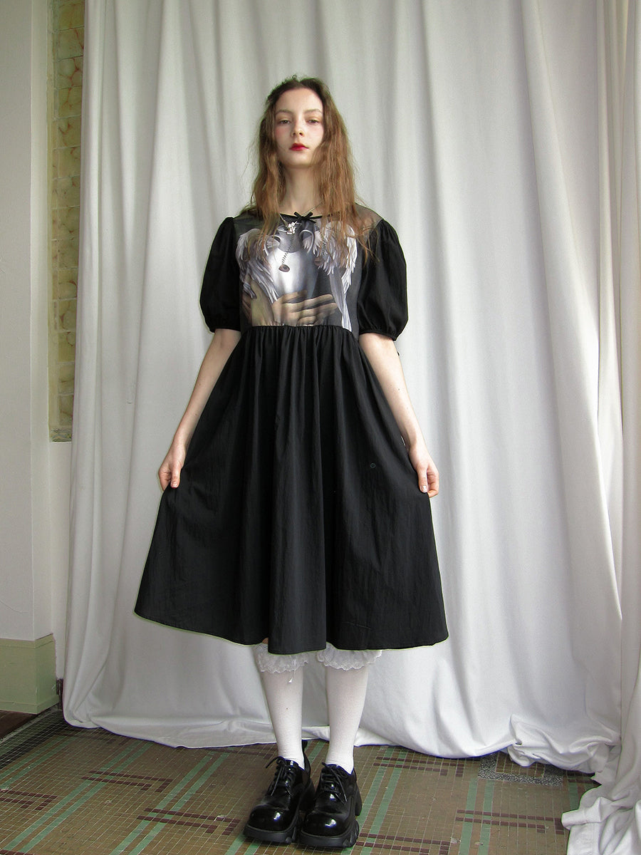 Kawaii Angel Print Short Sleeve Dress Tempera Style - daytoday everyday institute by Land Decora