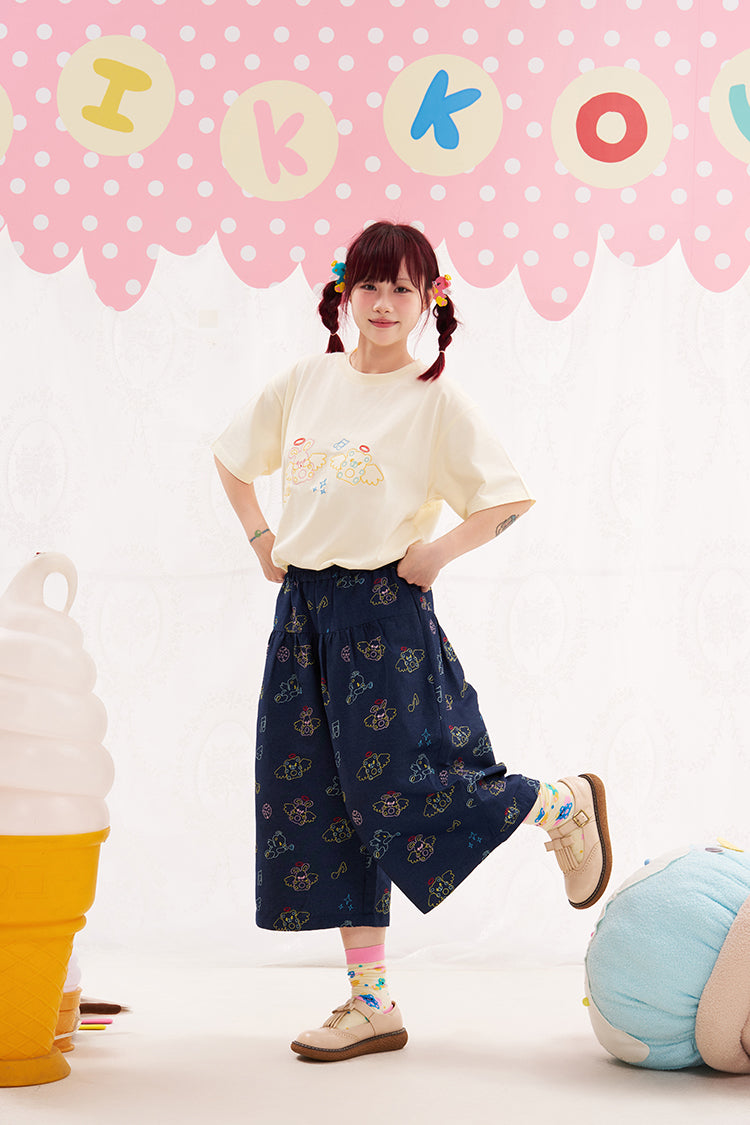 NIKKOU Kawaii Denim Cropped Pants | Harajuku Embroidered Capri Pants by Land Decora