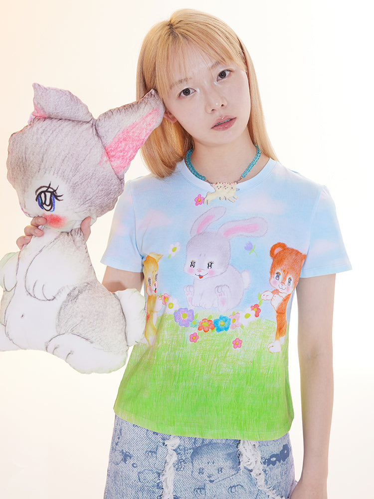 Harajuku T-Shirt Cute Animal Print Y2K Fitted Cotton T-Shirt | Tntntutu by Land Decora