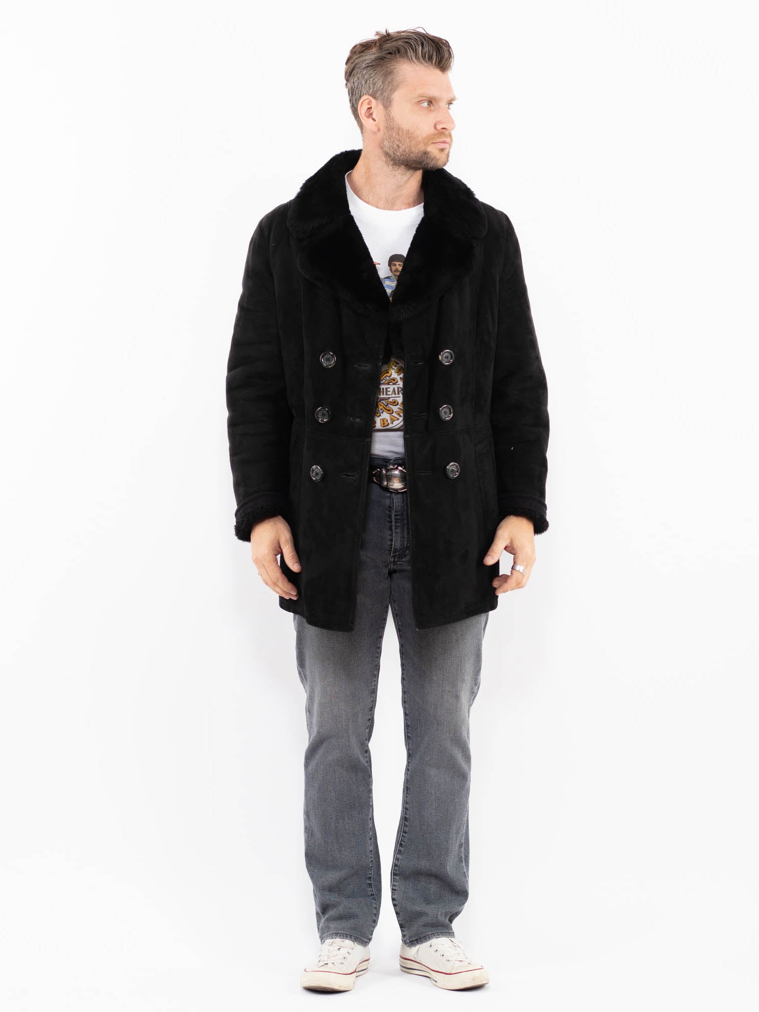 Vintage 70's Men Sheepskin Coat in Black by Northern Grip