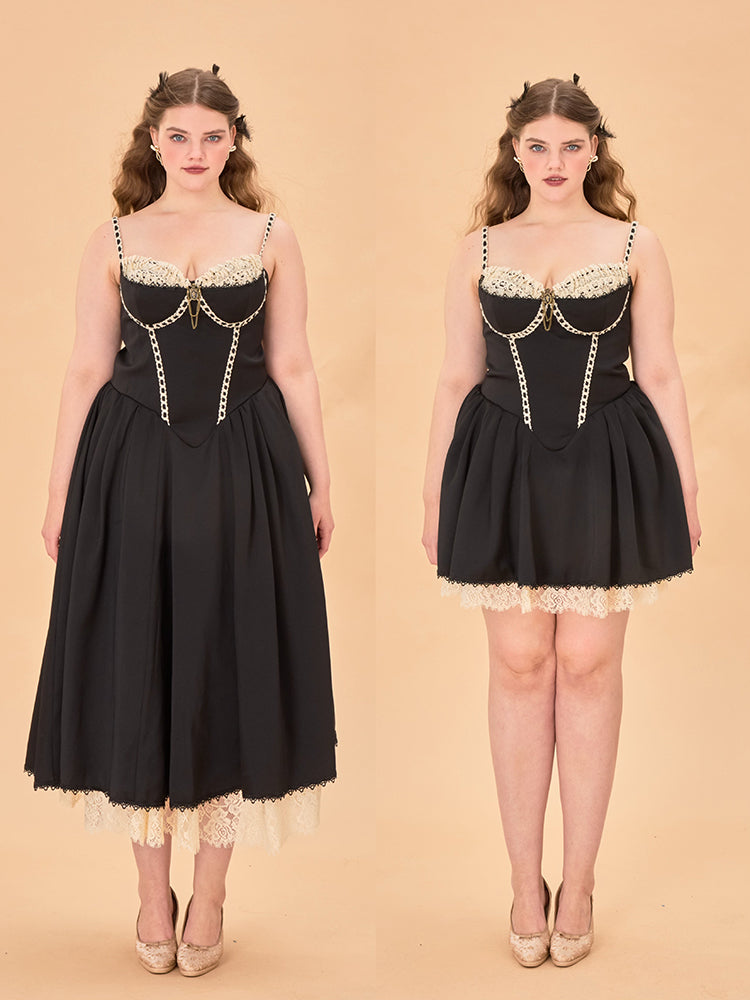 French Style Corset Little Black Dress Lace Trim Summer - LaceMade by Land Decora