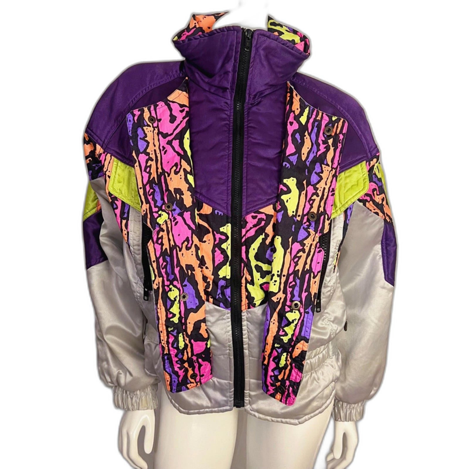 Vintage 90s Ski Jacket Silver Purple Colorful Winter Coat Women's Size by Hot Girl Secondhand