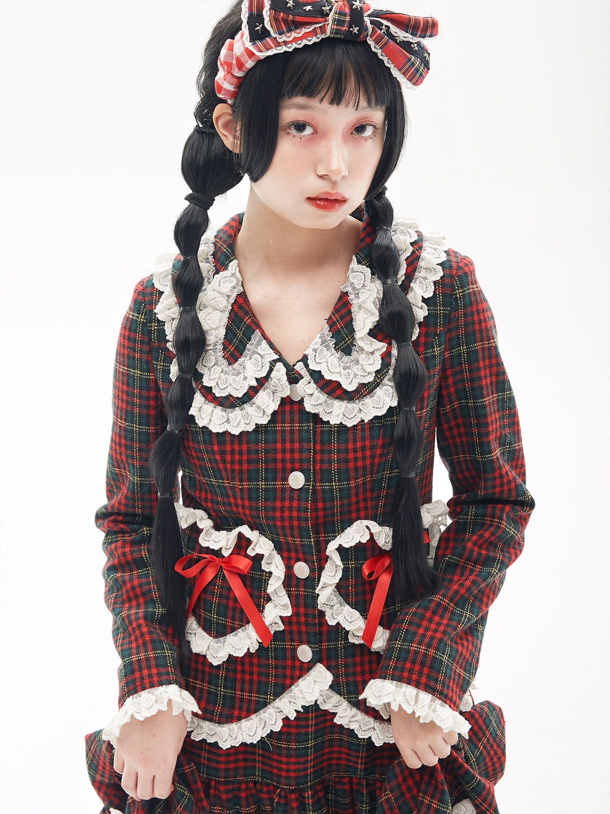 Showa Retro Red Blazer with Lace Trim & Heart Pockets - SOS MEME CLUB by Land Decora