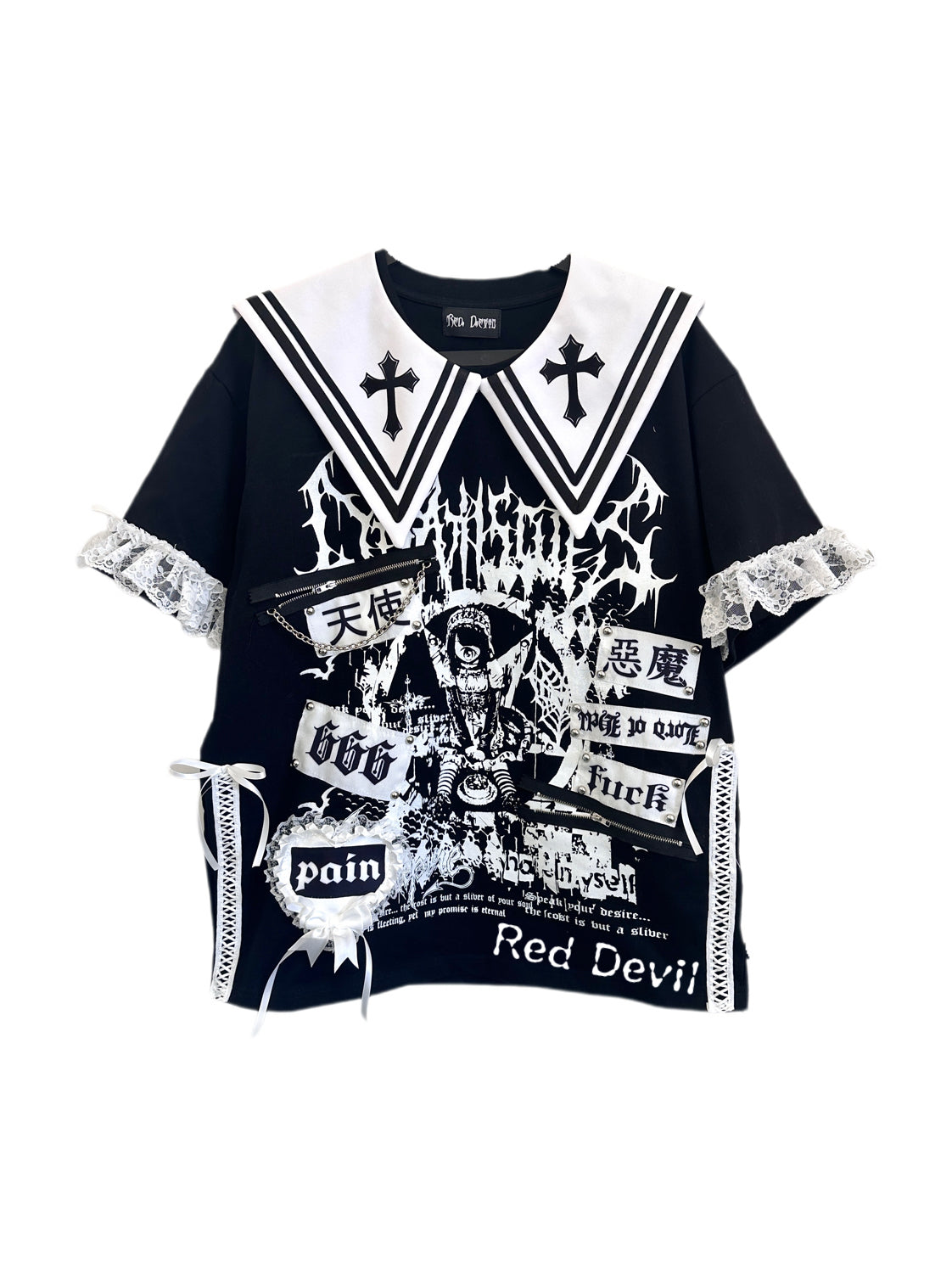 Gothic Visual Kei Lace Patchwork T-Shirt Handmade Punk Style - RedDevil by Land Decora