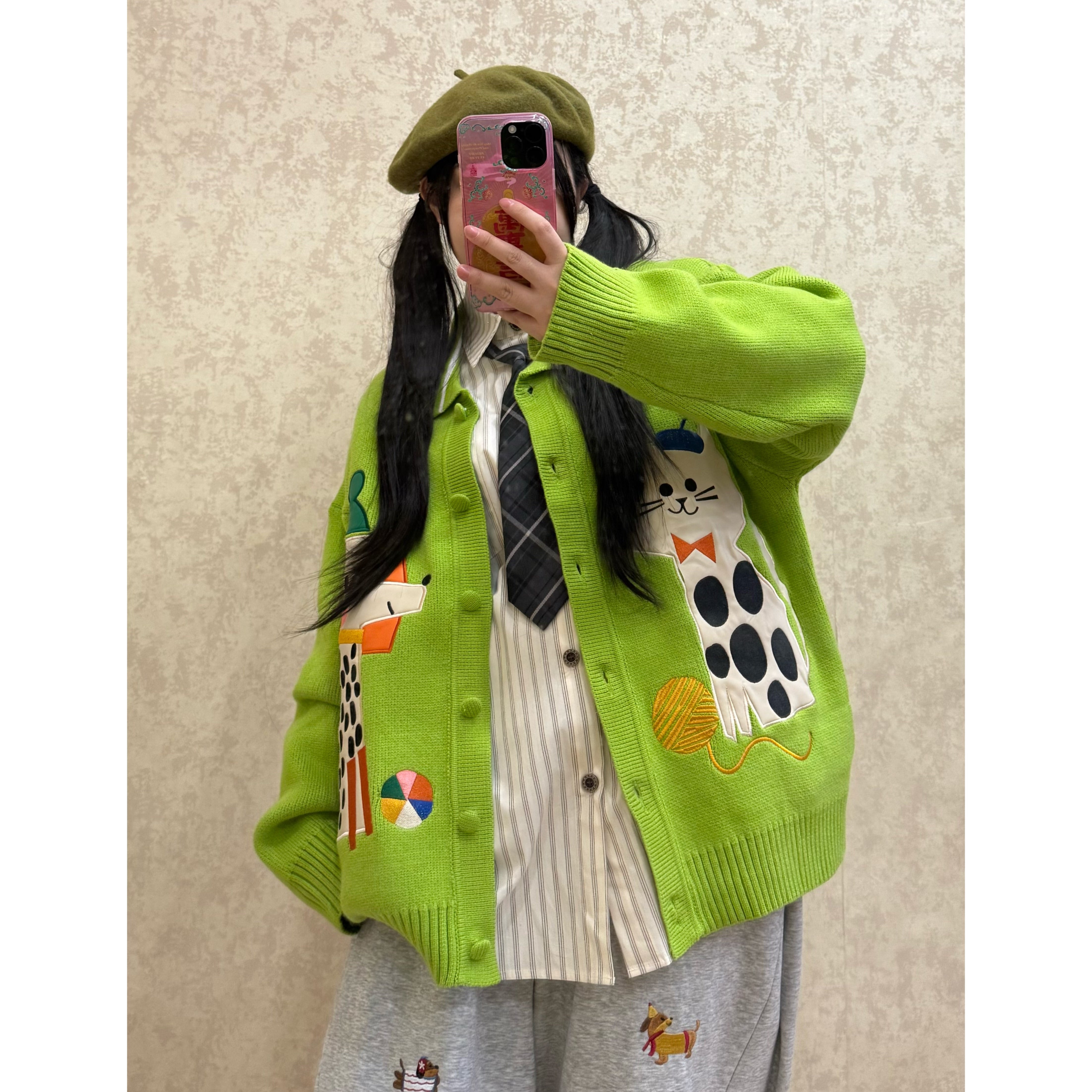 Kidcore Embroidered Cat Vintage Knit Jacket Cozy Loose Fit - BIBULU by Land Decora