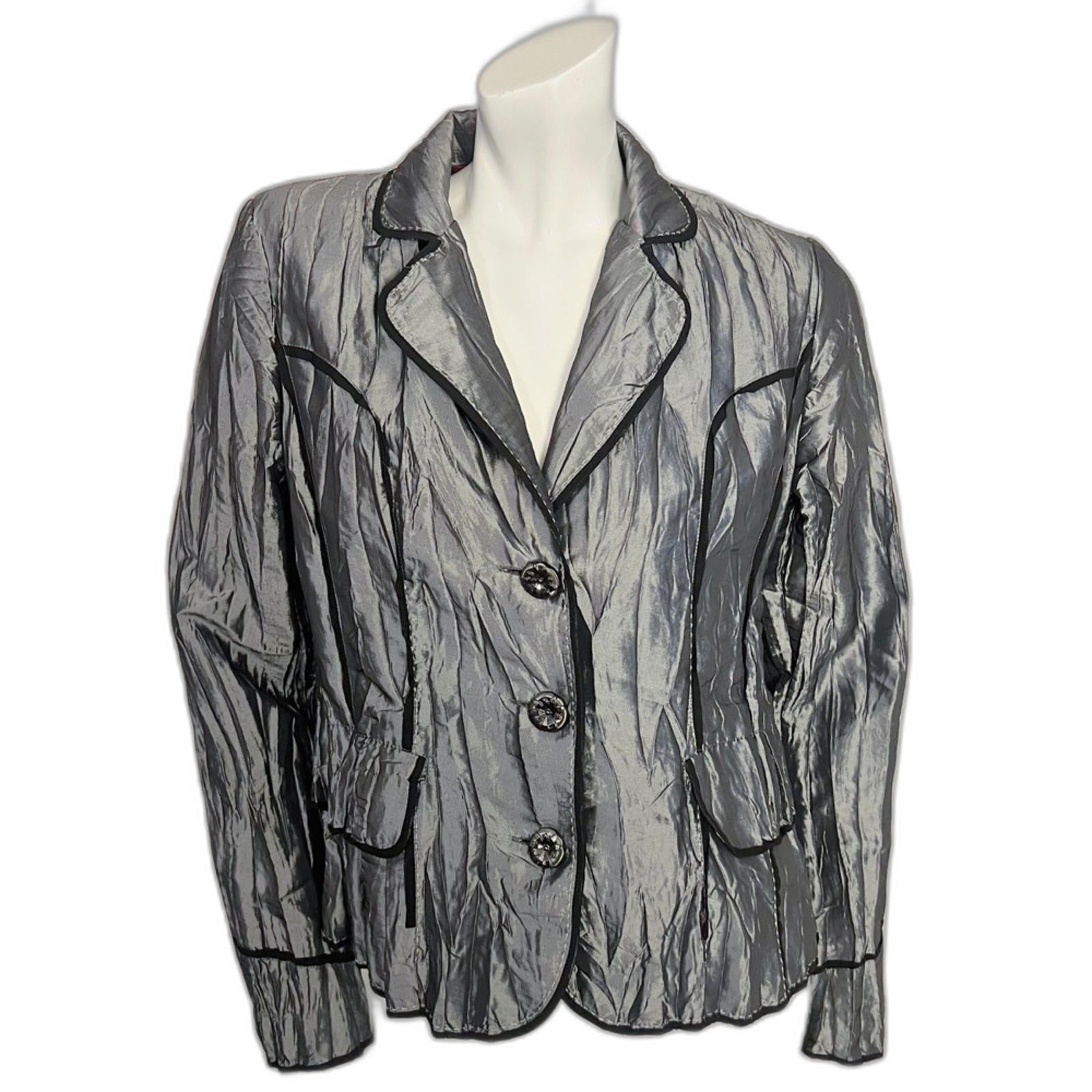Y2K Vintage Alberto Makali Silver Crinkled Blazer Black Piping Women's by Hot Girl Secondhand