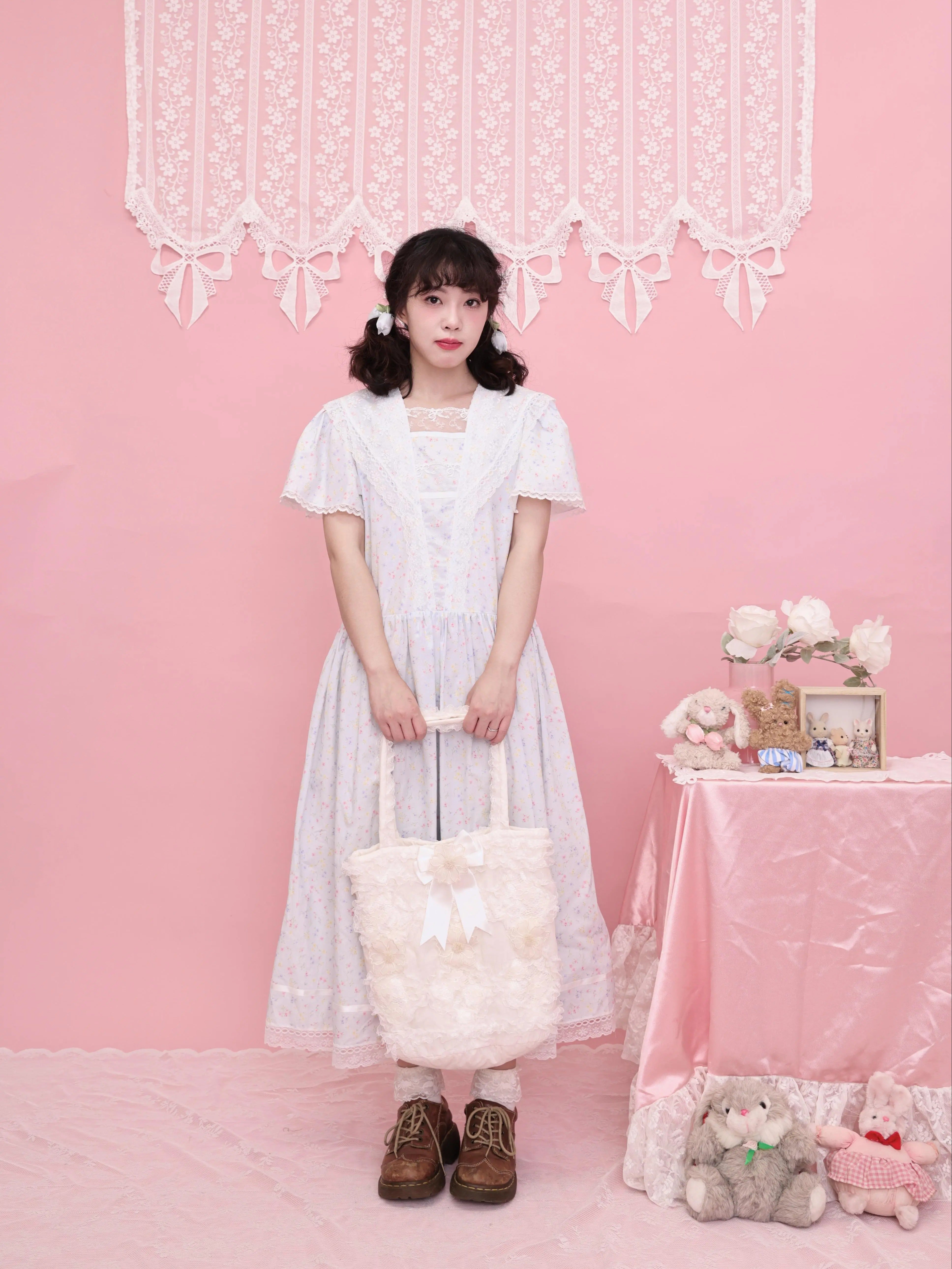Kawaii Floral Sailor Dress - Blue Cotton Lace Trim Midi - SemenCoicis by Land Decora