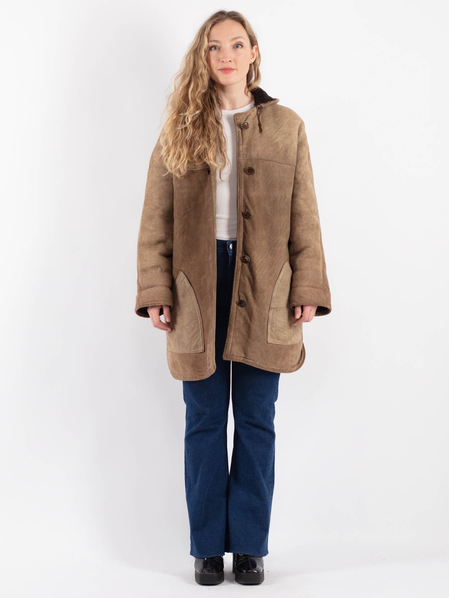 Vintage 90's Women Sheepskin Coat in Beige by Northern Grip