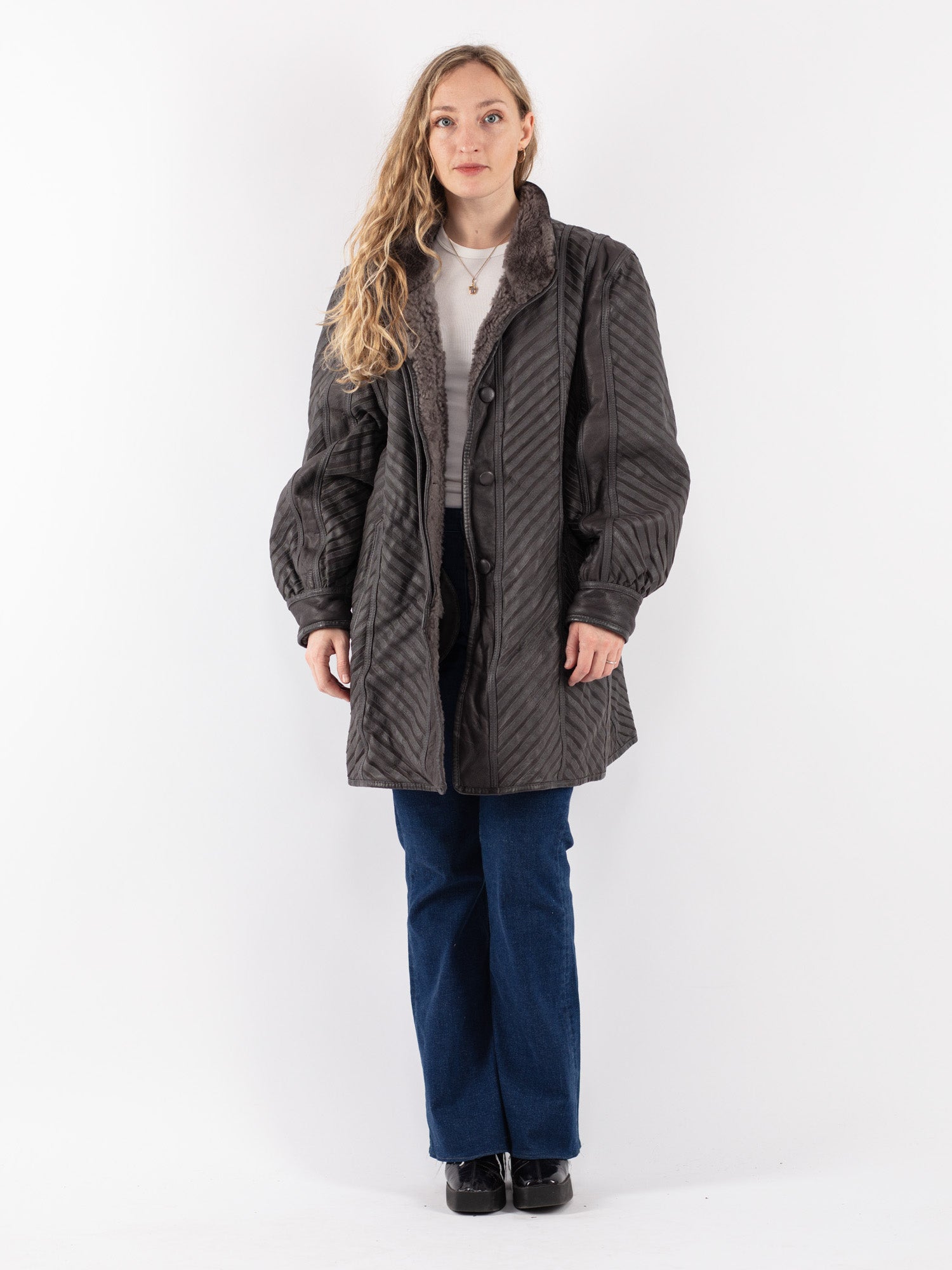 Vintage 80's Women Sheepskin Coat in Gray by Northern Grip