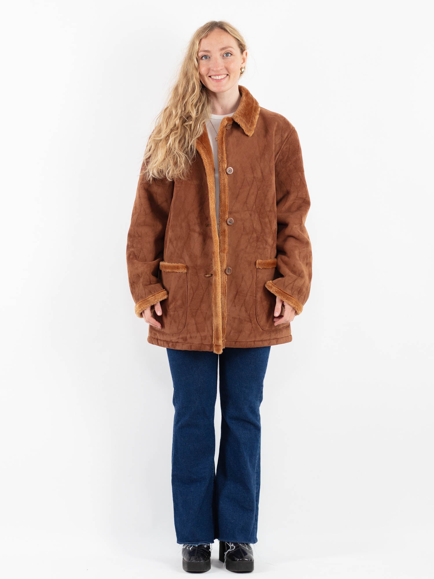 Vintage 00's Women Faux Sheepskin Coat in Brown by Northern Grip