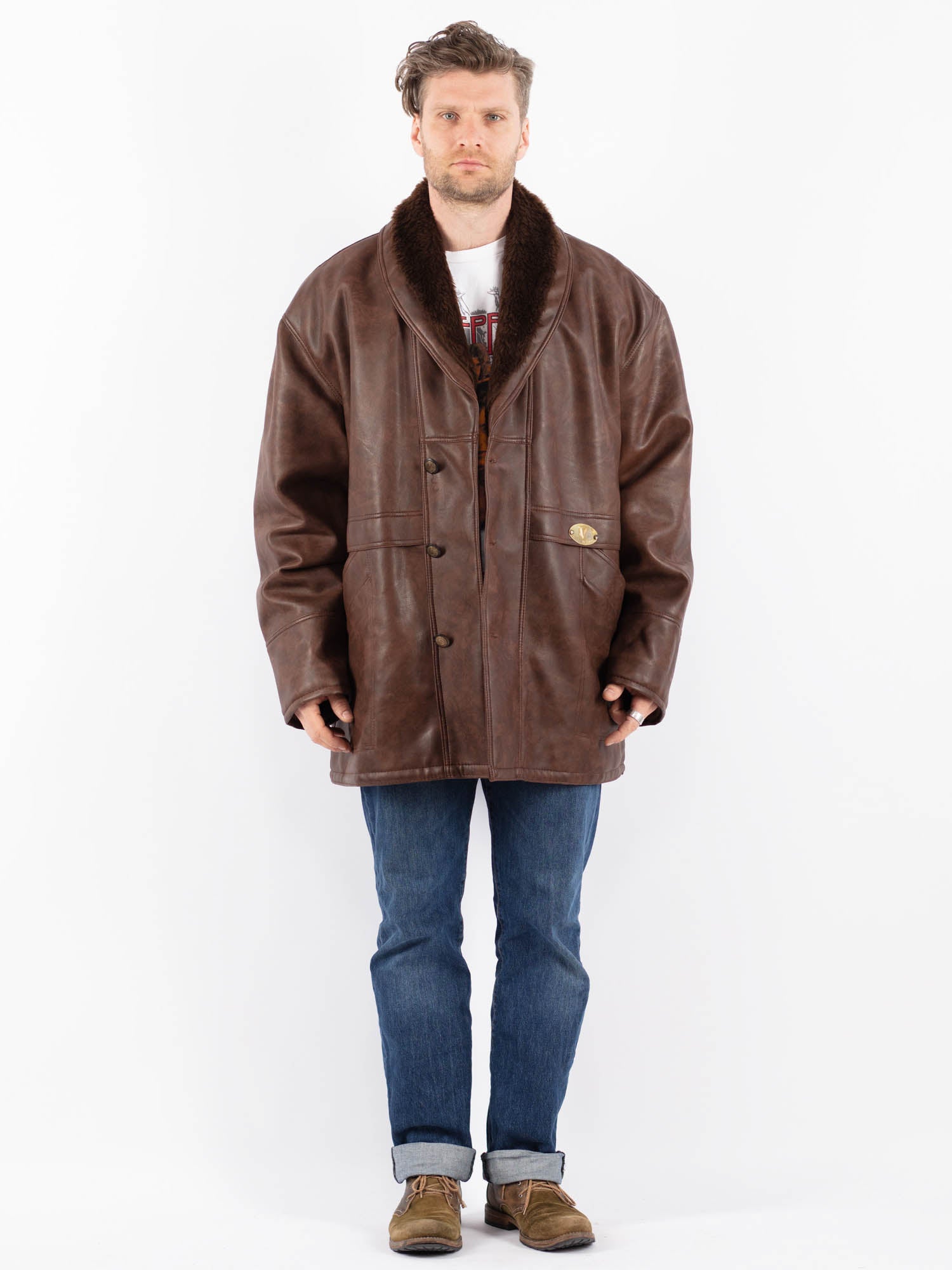Vintage 90's Men Faux Sheepskin Coat in Brown by Northern Grip