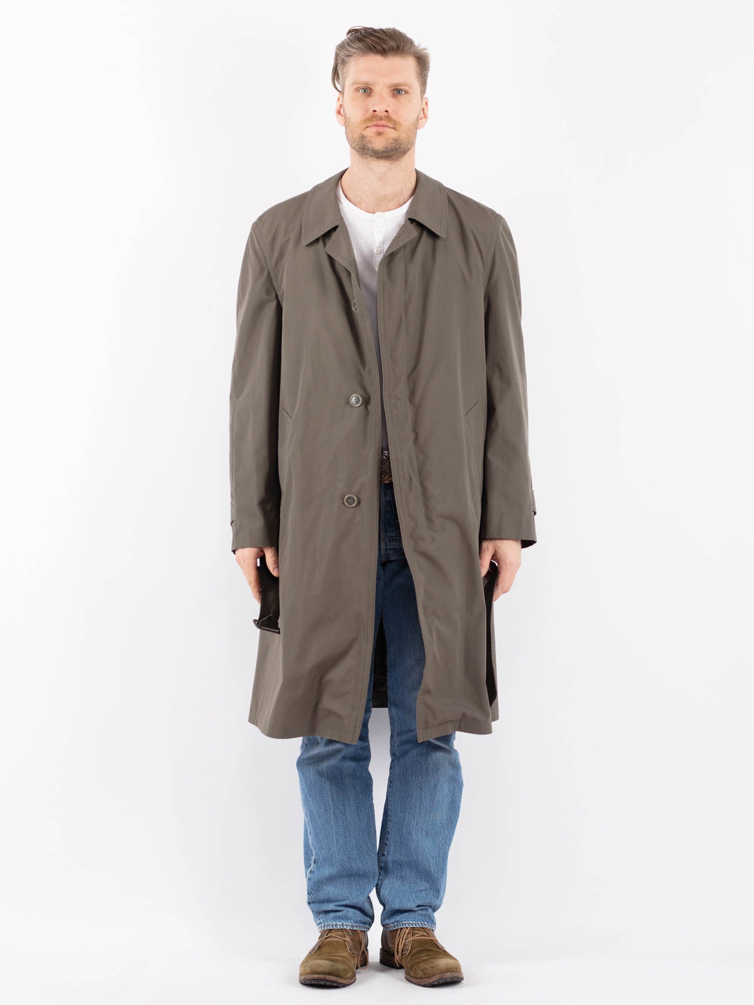 Vintage 70's Men Belted Mac Coat in Khaki by Northern Grip
