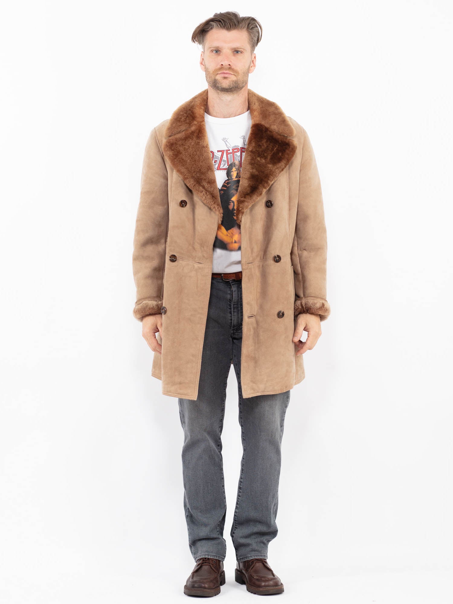 Vintage 70's Men Sheepskin Coat in Beige by Northern Grip