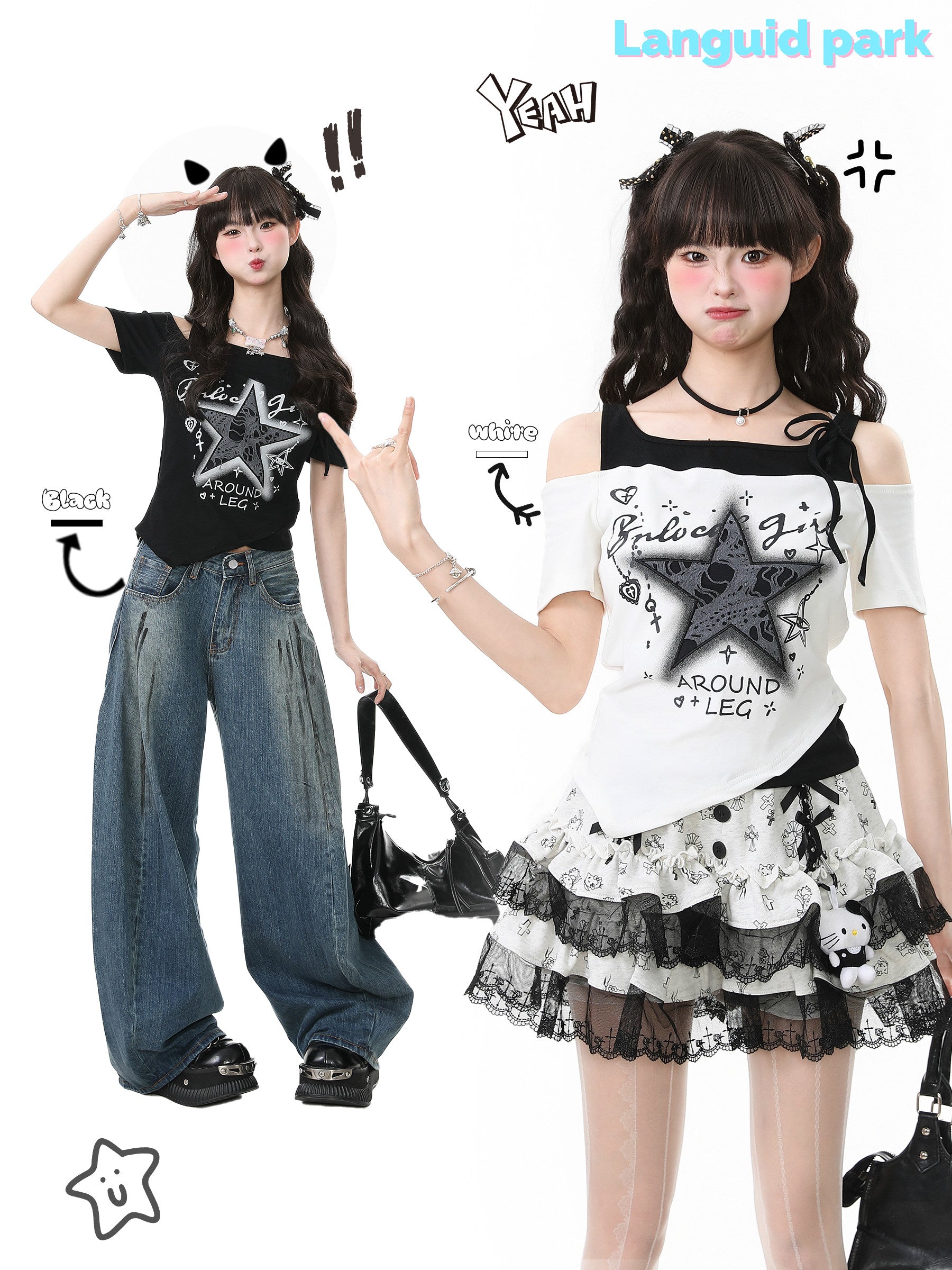Y2K Star Off Shoulder Crop Tee - Languid Park by Land Decora