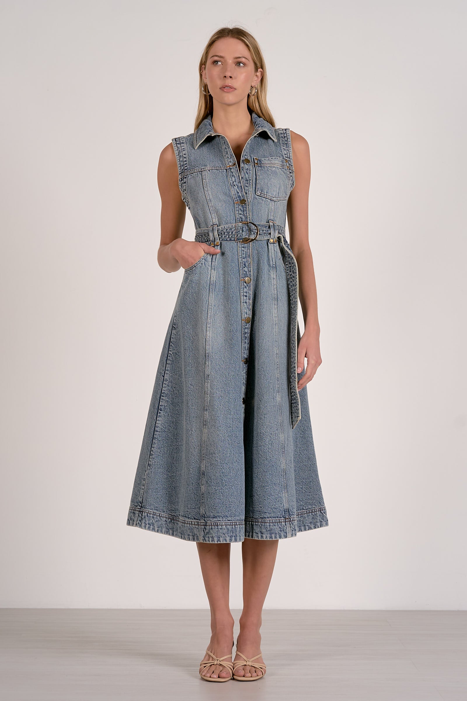 Elan Sleeveless Button-Down Denim Midi Dress by Sierra Deene