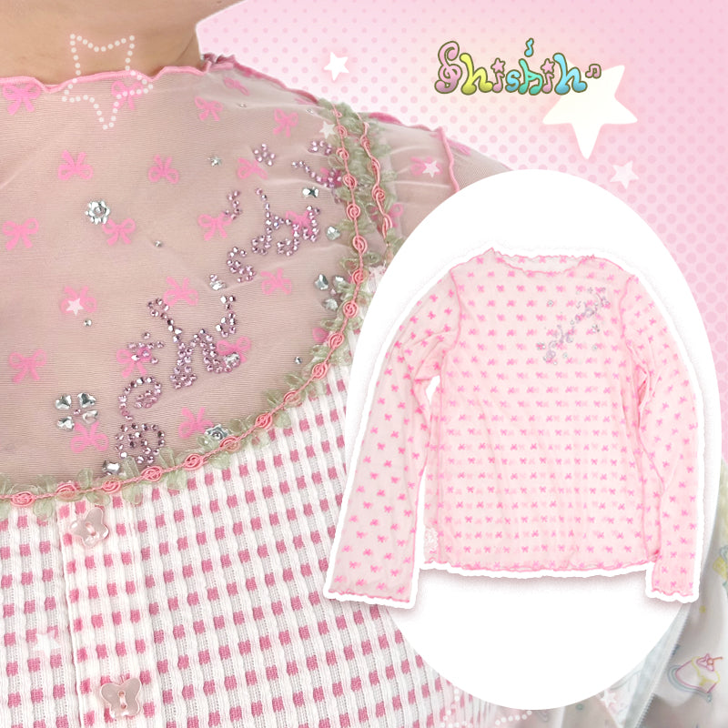 Shishihshop Pink Bow Shirt | Mesh Top | Millennium Y2K Rhinestone Tee by Land Decora