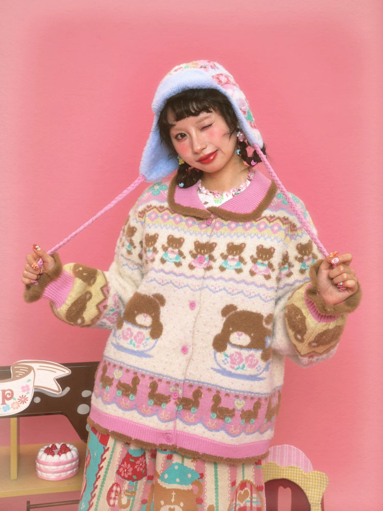 Harajuku Cardigan Teacup Bear Fair Isle Knit Cardigan Faux Mink Trim Ivory | Lutra Jump by Land Decora