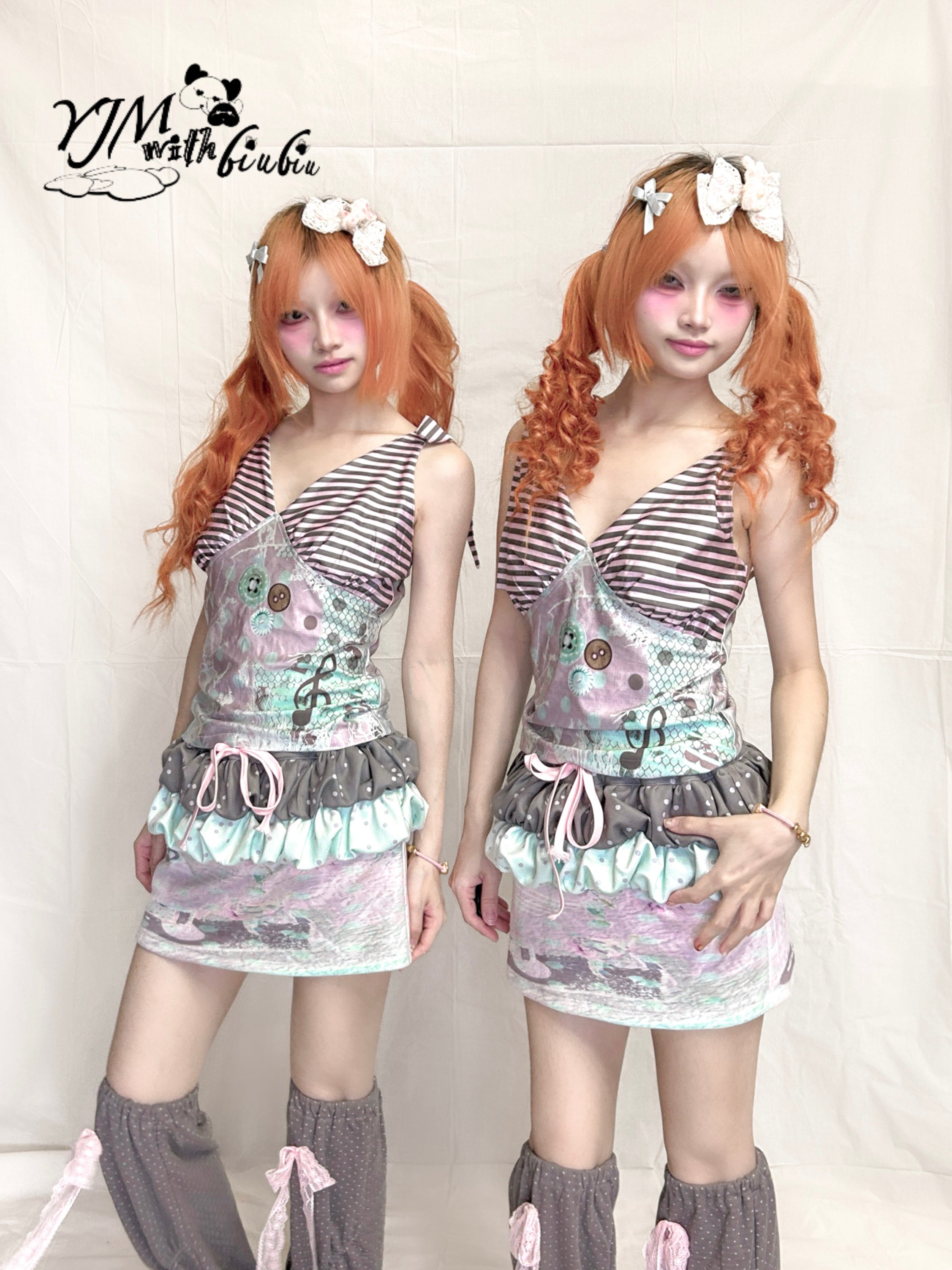 Taro Cream Striped Tie-Up Vest Top - YJM with biubiu by Land Decora