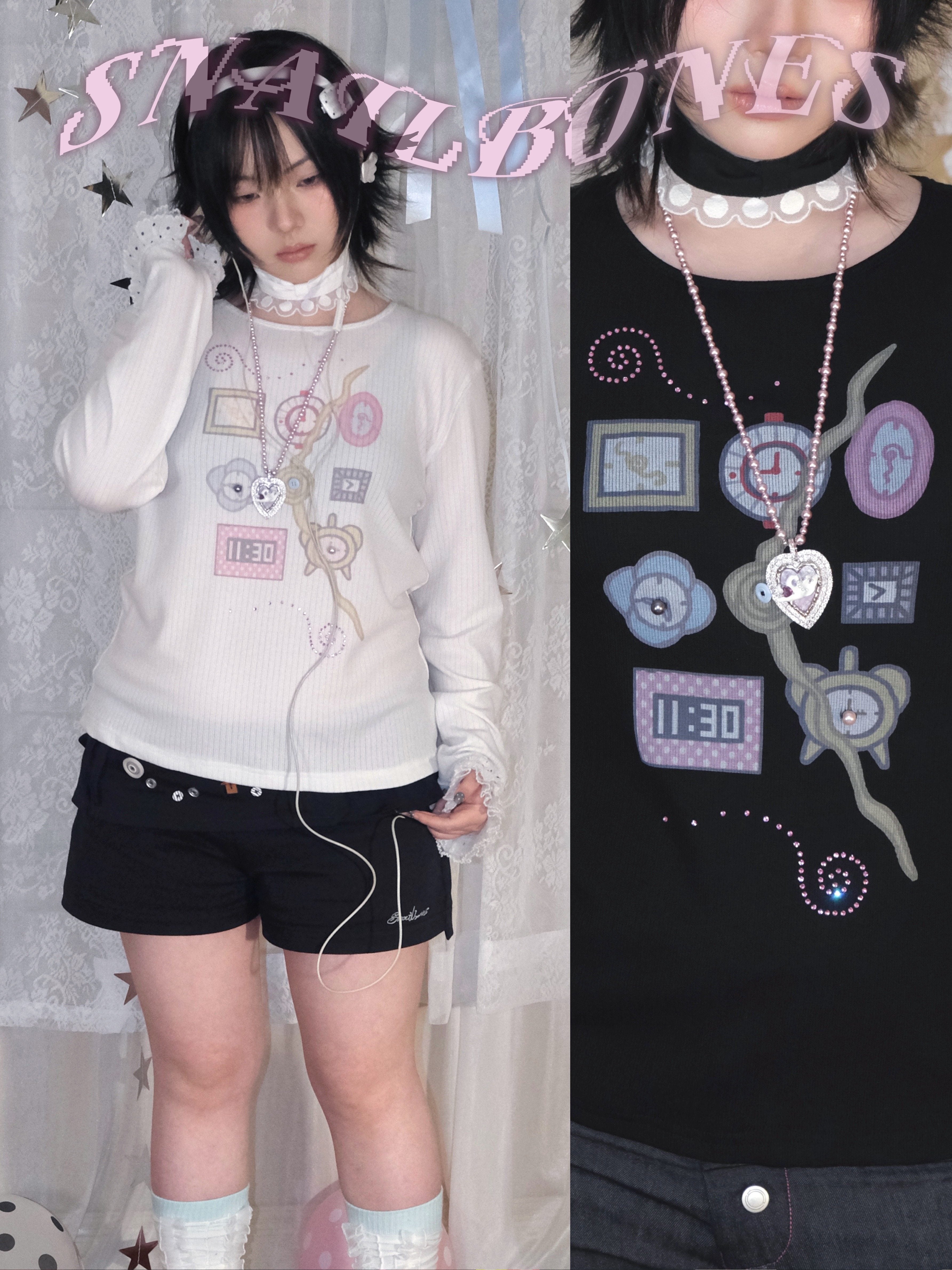Kawaii Clock Print Rhinestone Tee - Snail Bones by Land Decora