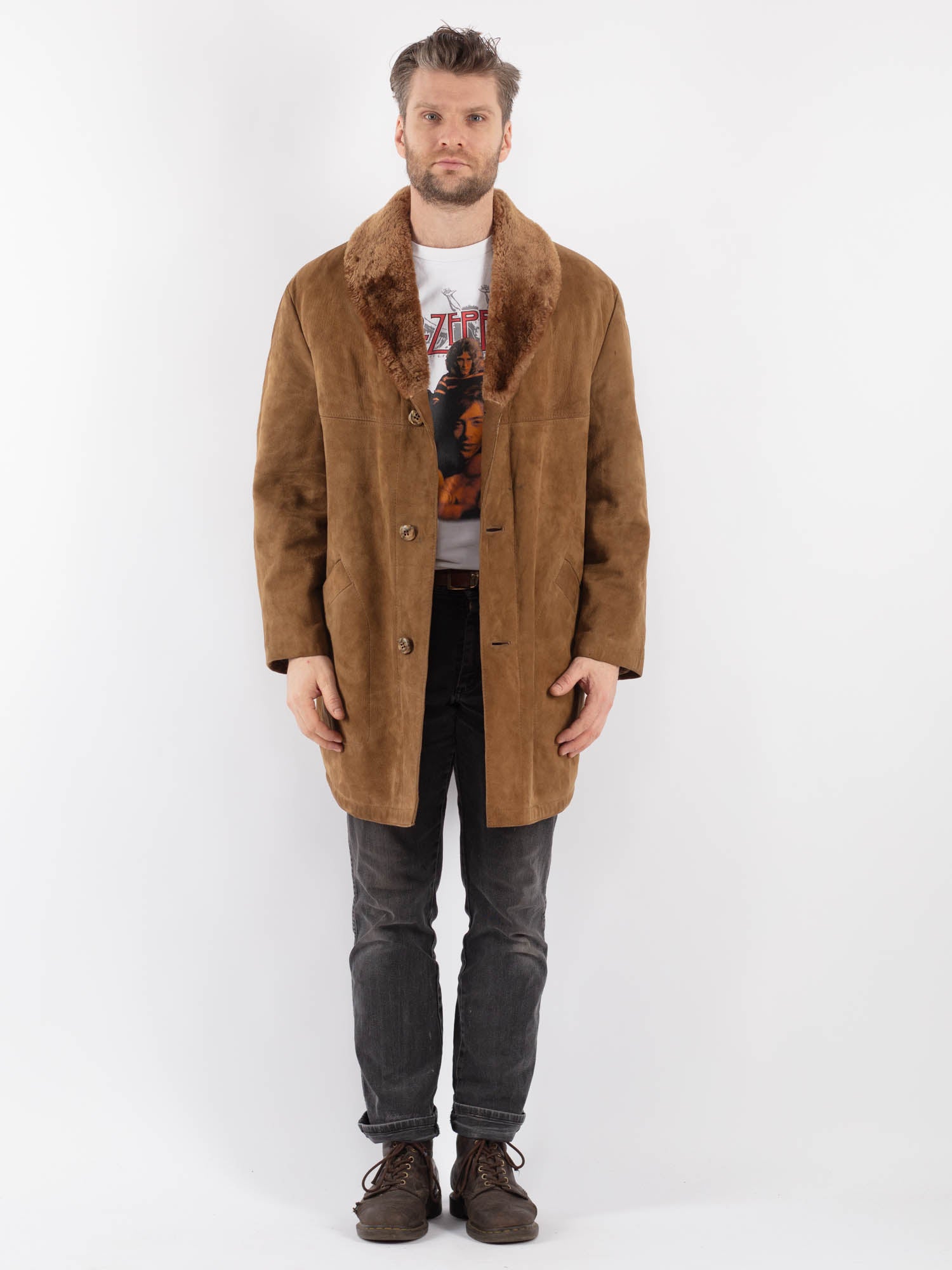 Vintage 70's Men Suede Sherpa Coat in Brown by Northern Grip