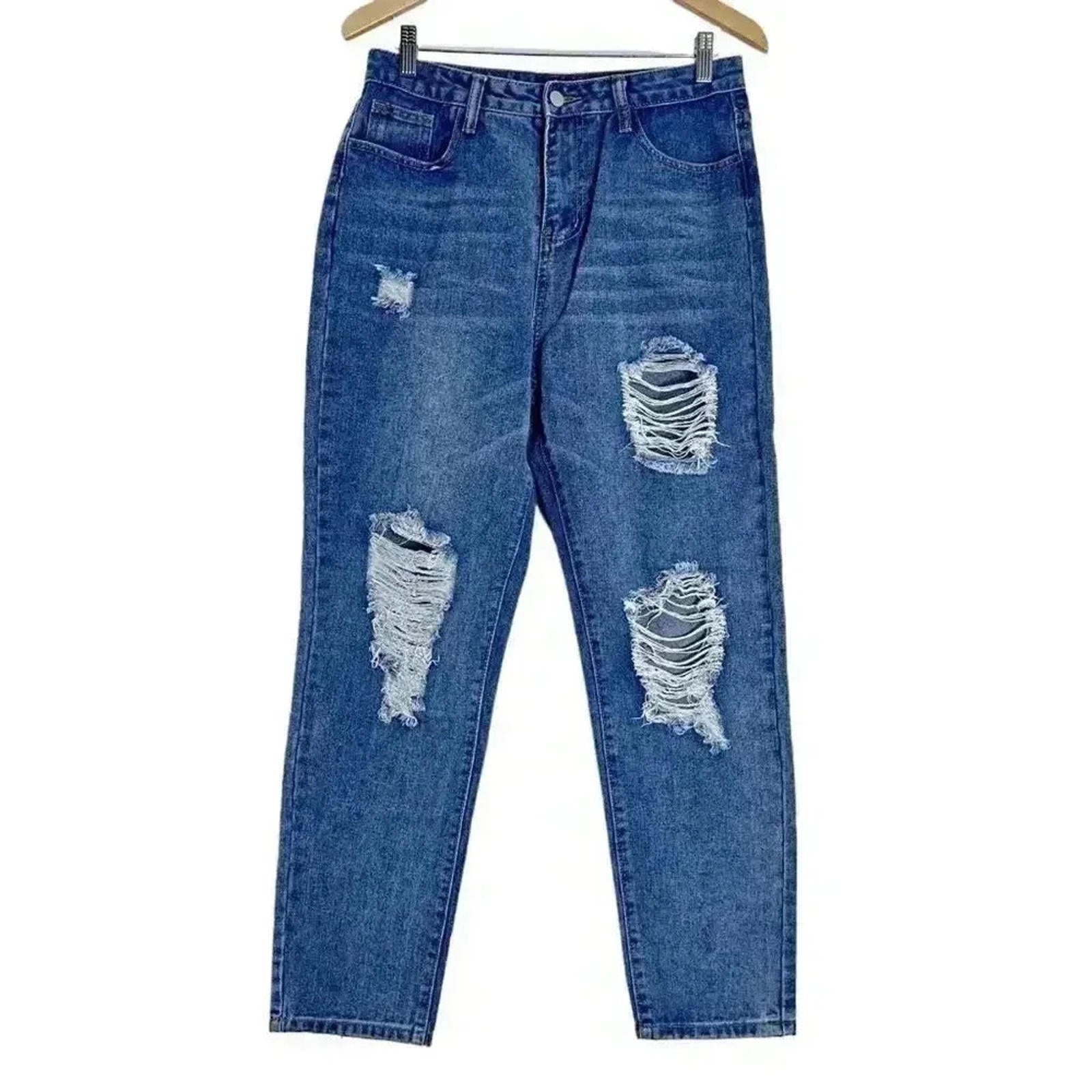 NWOT Distressed High Rise Mom Jeans Straight Leg Medium Wash Women's S by Hot Girl Secondhand