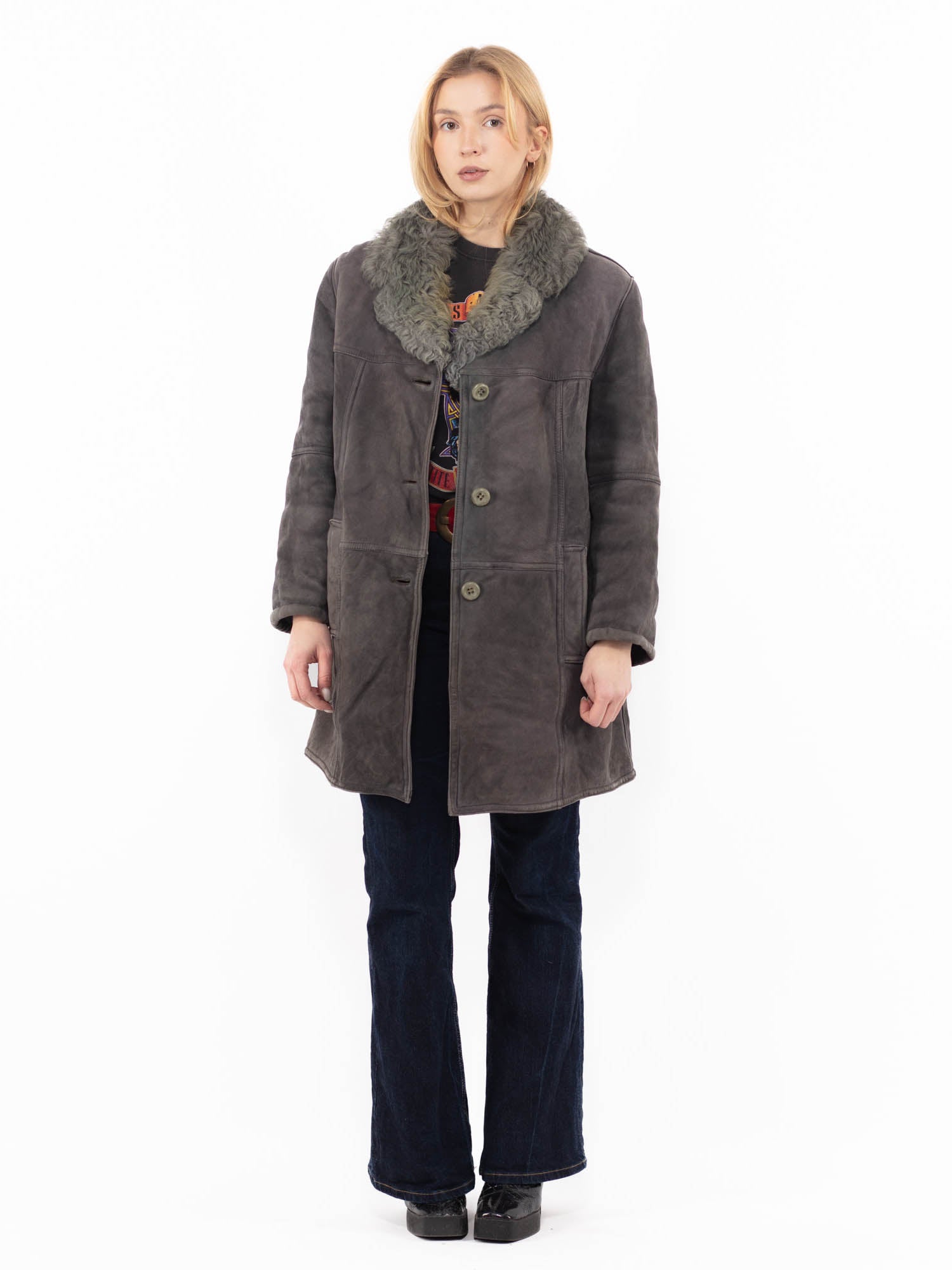 Vintage 70's Women Sheepskin Coat in Gray by Northern Grip