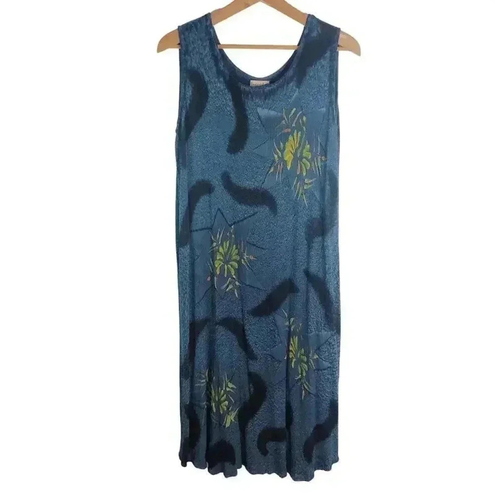 Vintage Tropical Batik Blue Green Midi Dress Beach Summer Vacation Cru by Hot Girl Secondhand