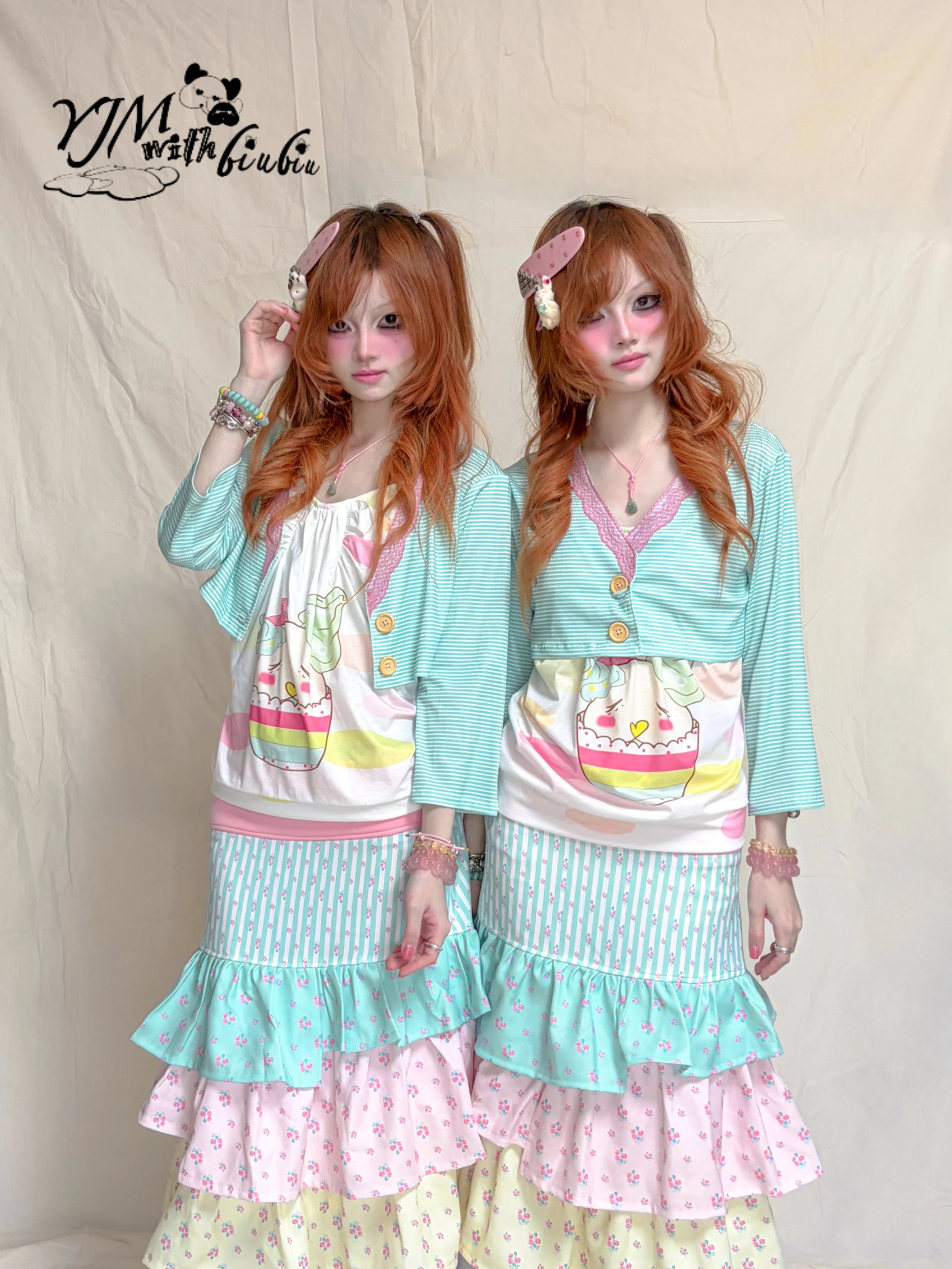 Kawaii Mint Green Stripe Lace Jacket - YJM with biubiu by Land Decora