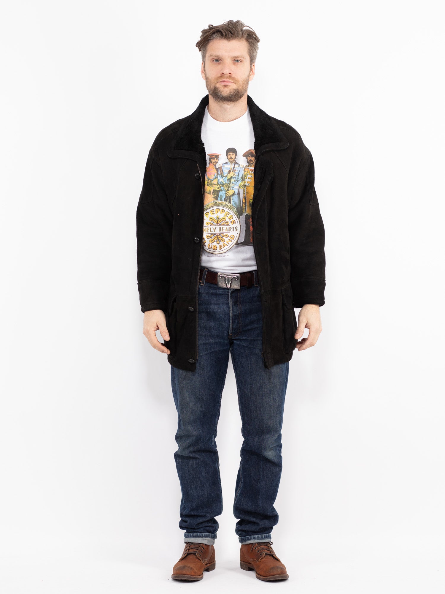 Vintage 90's Men Sheepskin Coat in Black by Northern Grip