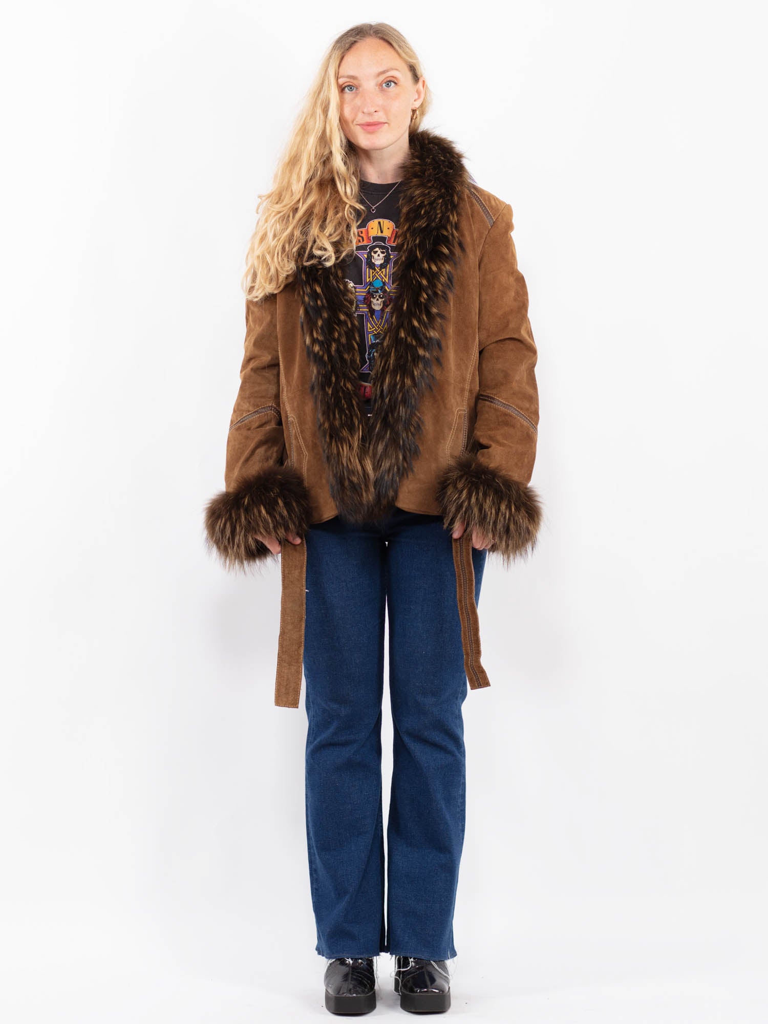 Vintage 00's Women Suede Real Fur Coat in Brown by Northern Grip