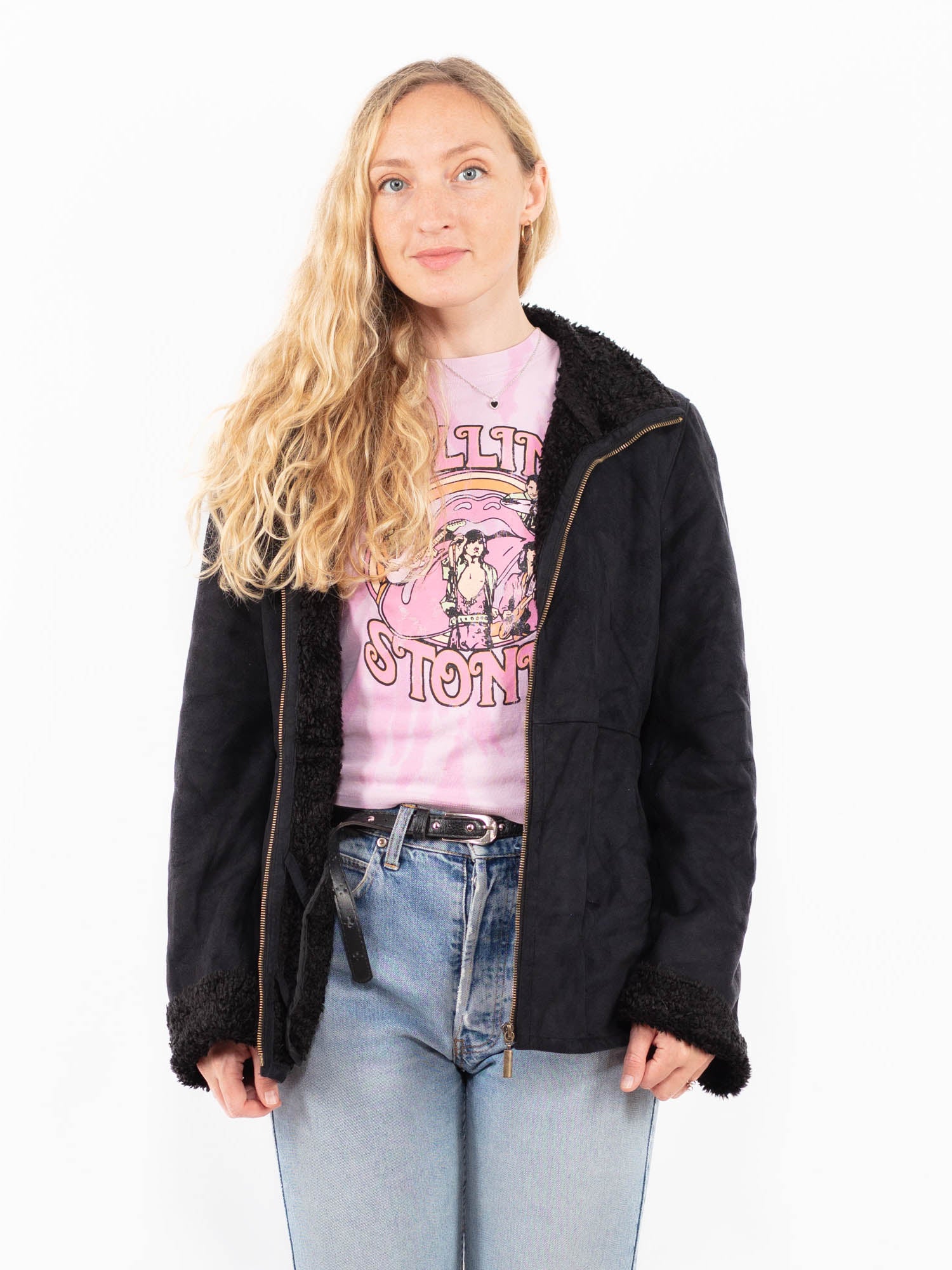 Vintage 00's Women Faux Sheepskin Jacket in Black by Northern Grip