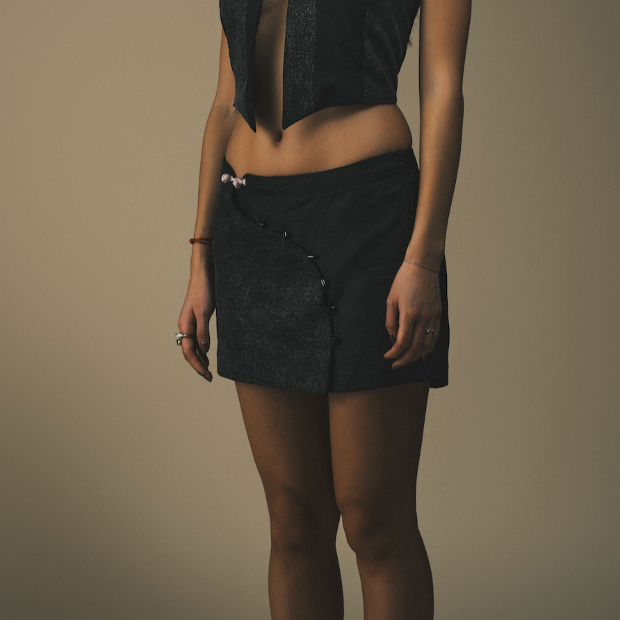 Zhen Side Button Denim Patch Mini Skirt by DAWANG