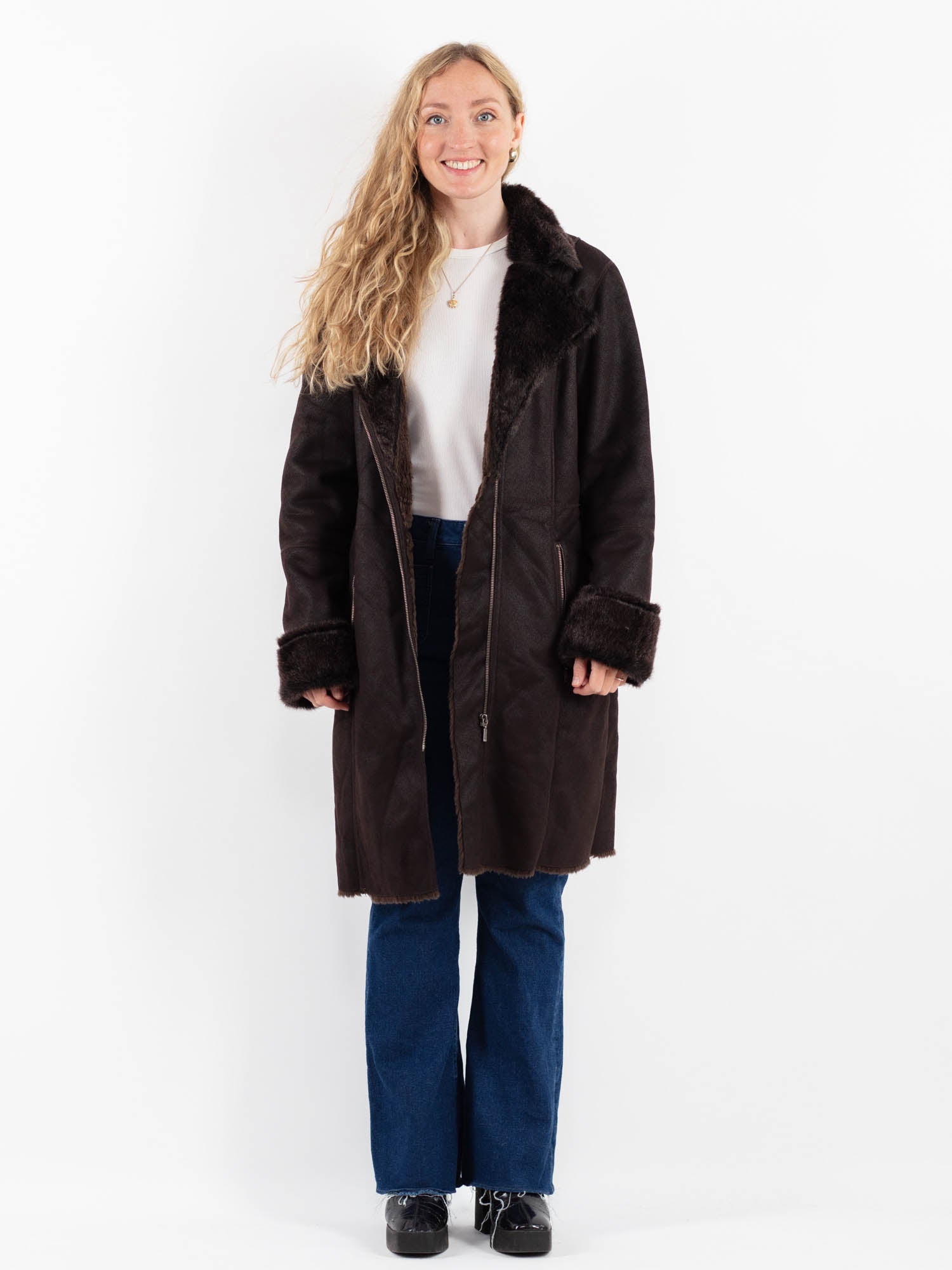 Vintage 00's Women Faux Sheepskin Coat in Brown by Northern Grip