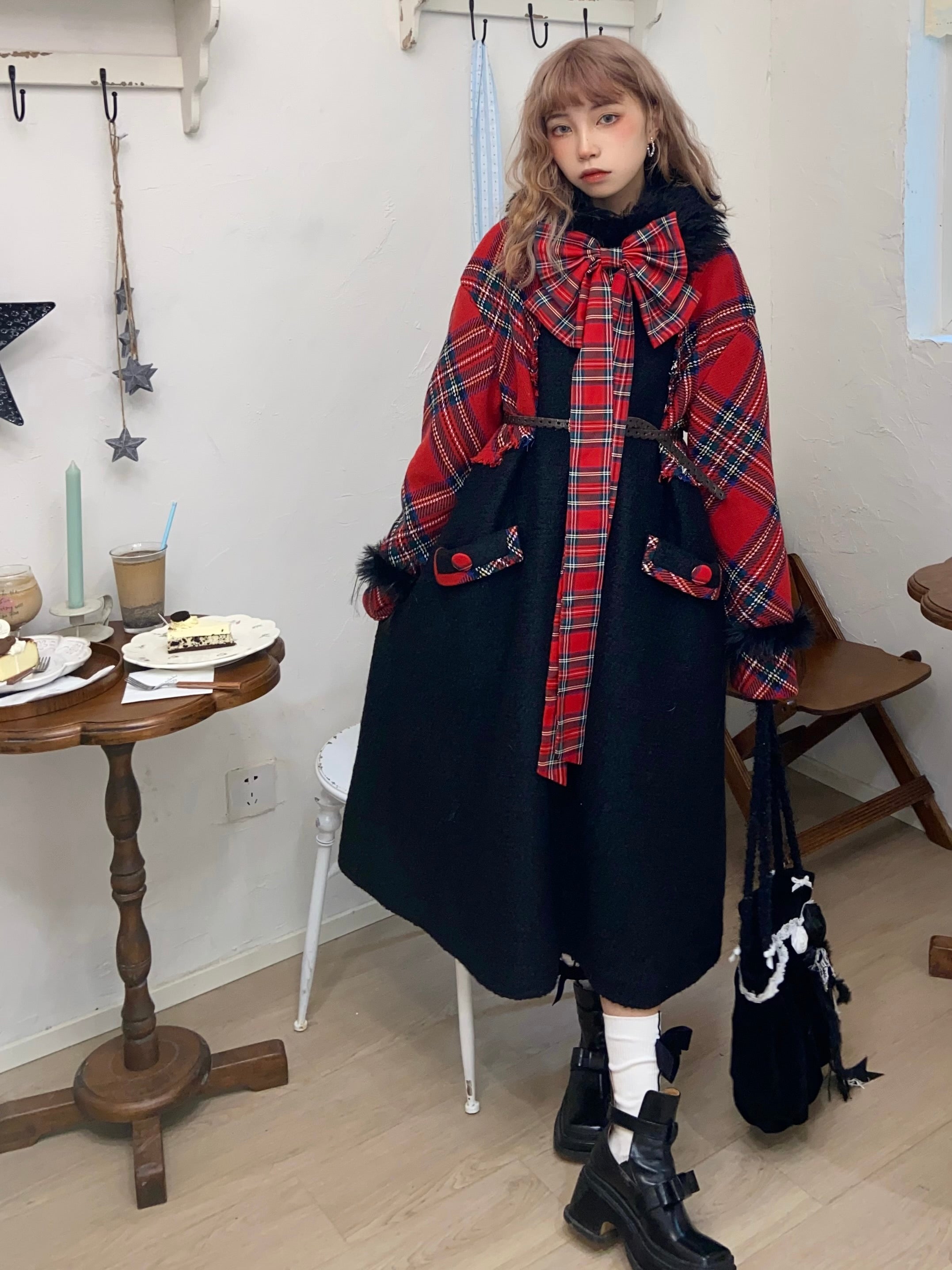 Kawaii Black Plaid Wool Blend Mid Coat - Disorder by Land Decora