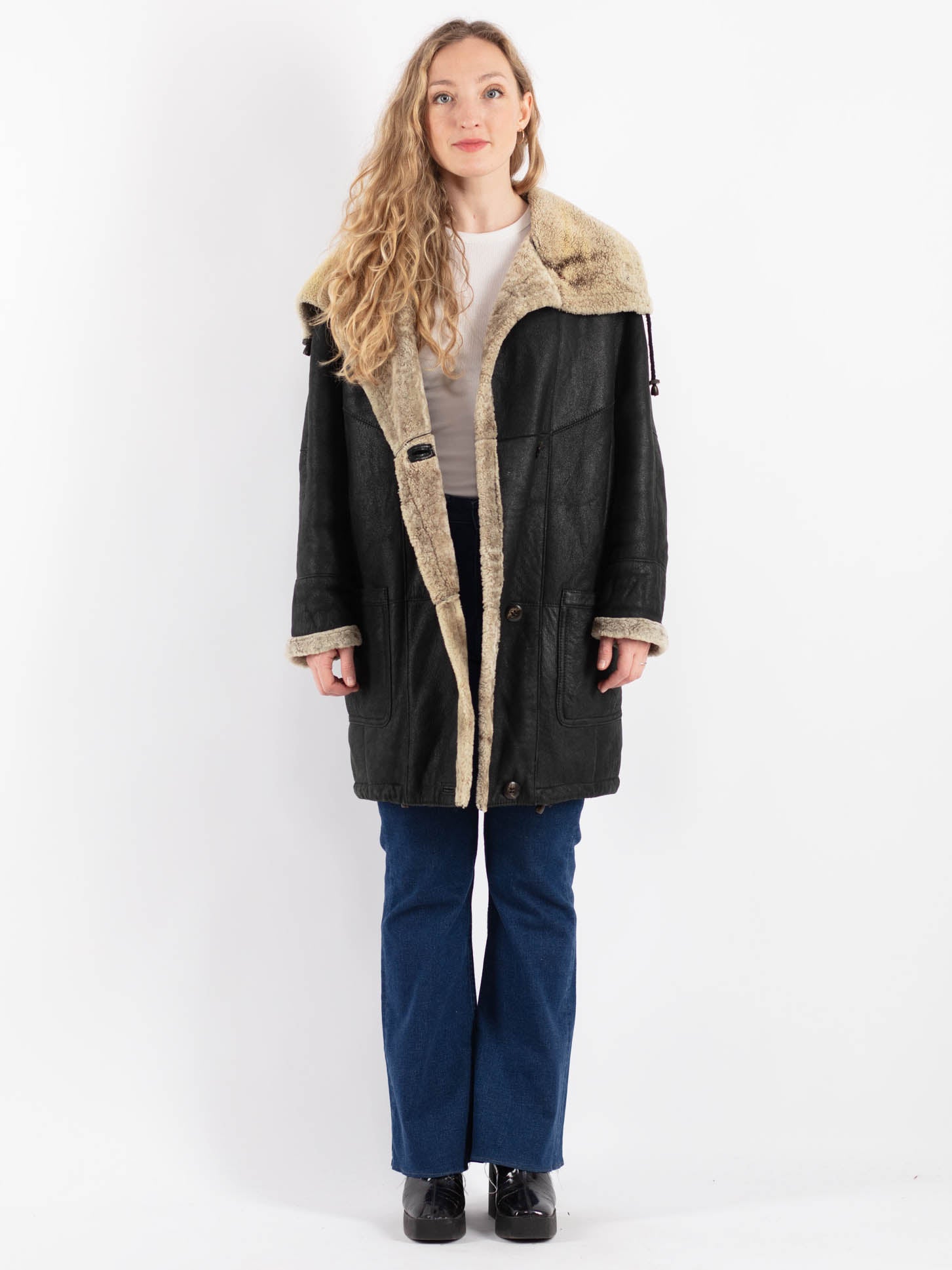 Vintage 90's Women Oversized Sheepskin Coat in Black by Northern Grip