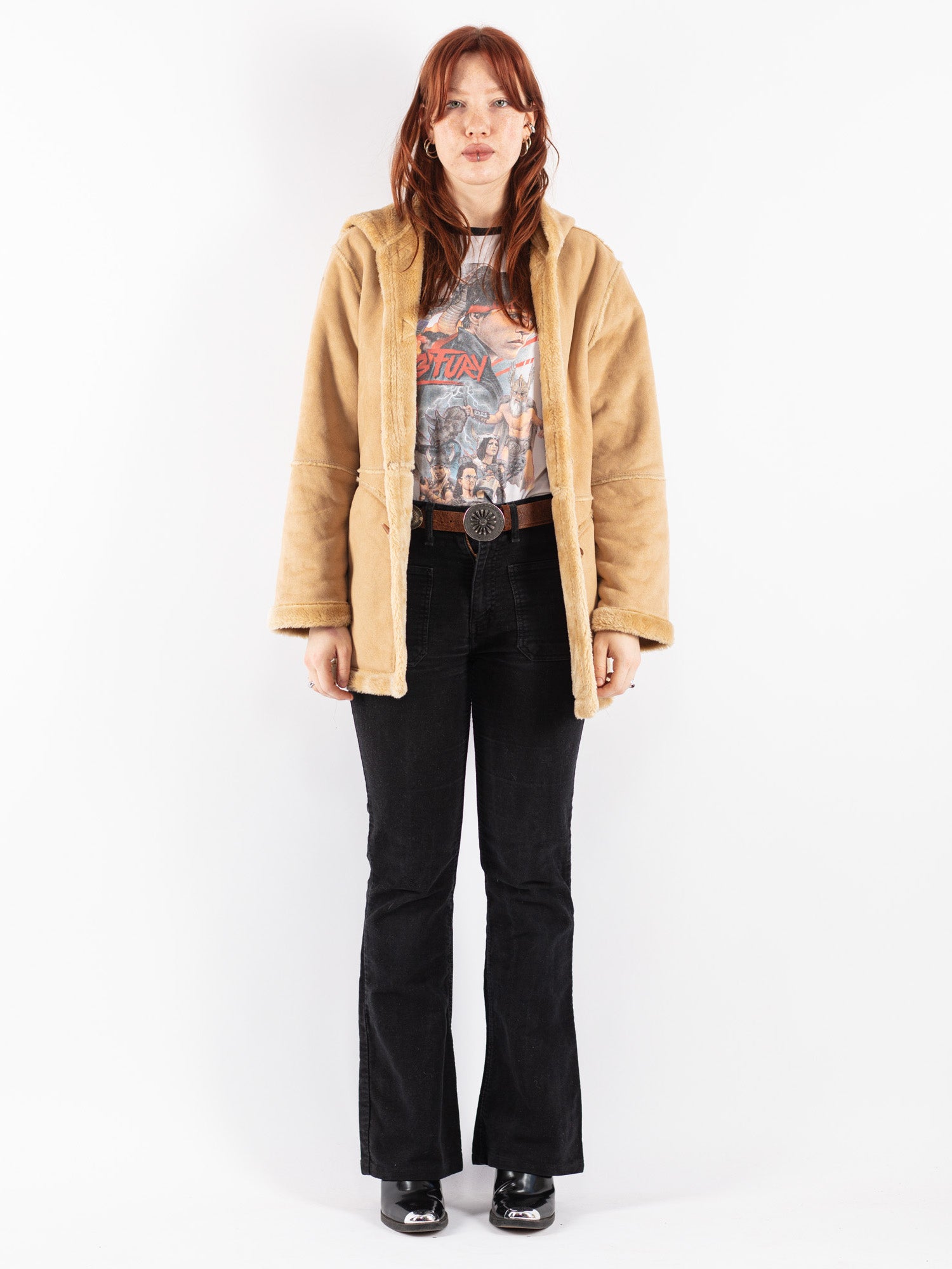 Vintage 90's Women Hooded Sherpa Coat in Beige by Northern Grip
