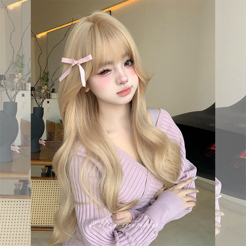 Alice Garden Harajuku Style Long Wig – Soft Milk Tea Blonde Curls for Everyday Elegance by Land Decora